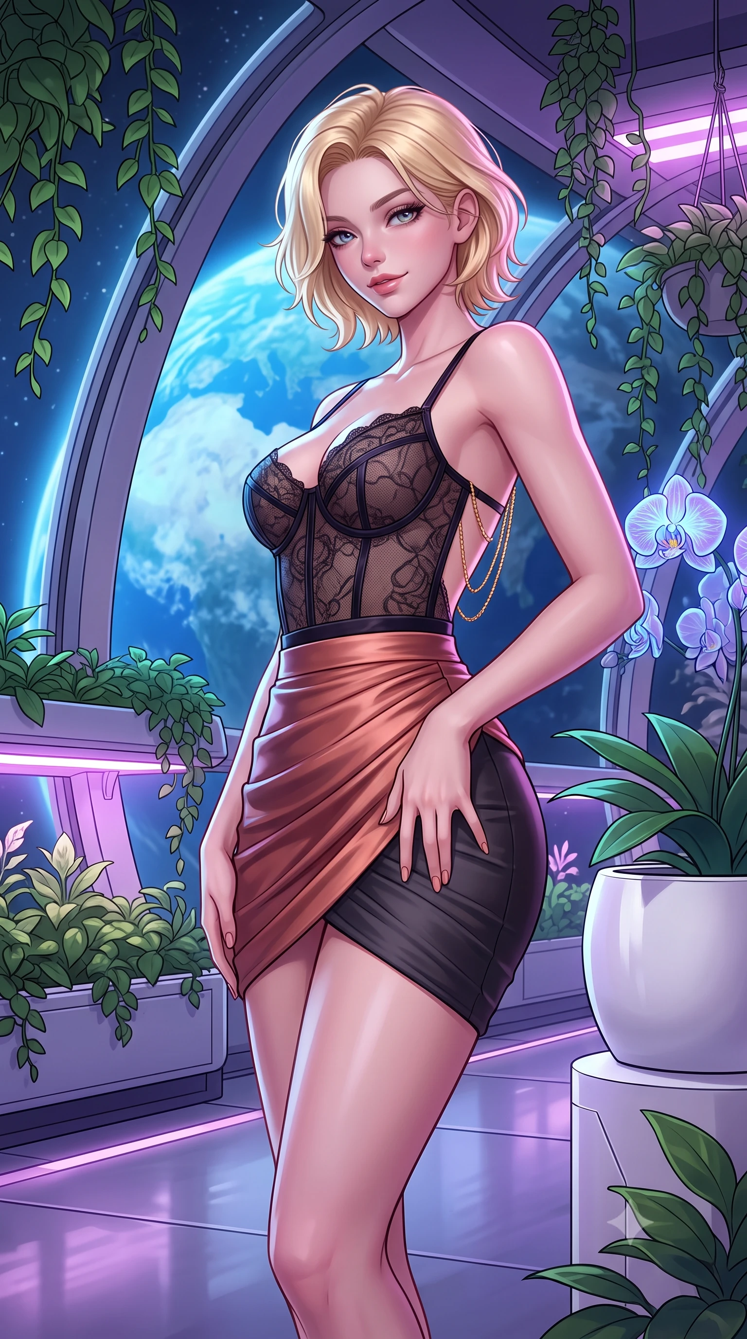 score_9, masterpiece, best quality, ultra-detailed, high-budget anime keyframe, semi-realistic 3D game render, editorial fashion photography, tasteful artistic composition, Caucasian woman. close-up cowboy shot from the waist and thighs up, the character dominates the composition, filling the frame with her large presence. tilting her head with a teasing half-smile, running one hand slowly down the side of her hip in a flirtatious S-curve as ambient light caresses her silhouette while leaning against the white composite planter pedestal with hips cocked back, looking through hanging vines with heavy-lidded bedroom-eyes. The surrounding environment is rendered in vivid detail and crisp panoramic clarity: sharp curved space-habitat window mullions, bioluminescent orchid petal vein structures, and polished composite flooring in deep focus. She has an exceptionally elegant, slender, and willowy female figure with an ultra-slim waist, flat toned midriff, narrow ribcage, and sculpted feminine hips creating an alluring, slim hourglass silhouette without bulk. sharp v-shaped jawline, high-bridge nose, intricate jewel-like sparkling eyes with depth, thick eyelashes, glossy parted lips with a natural peach sheen, bright cheerful beaming smile with an enchanting and coquettish sensual glint, exuding both youthful cute charm and seductive allure, flawlessly proportioned anatomical accuracy, strict slender model proportions, natural body alignment, perfectly sculpted long slender limbs, ultra-slim waistline, clean dynamic posture without body distortion. wearing a sculpted underwire bustier in sheer noir lace with velvet piping paired with an ultra-short draped tulip skirt in sultry copper rose and deep shadow charcoal, made of fluid liquid jersey with seamless sculpting hold and smooth contours, accented with an open-back drape framed by falling strands of delicate gold chains, the liquid-tight tailored fabric clinging flawlessly to her narrow waist and rounded feminine hips, emphasizing every millimeter of her sculpted slim hourglass curves without any bulky heaviness. bathed in the natural blue Earth-light spilling through orbital windows mixed with soft violet hydroponic grow lights. highly saturated vibrant anime colors, detailed shading with soft gradients, rich glossy textures, high-contrast stereoscopic depth, volumetric dynamic lighting, master piece, 9:16 ratio