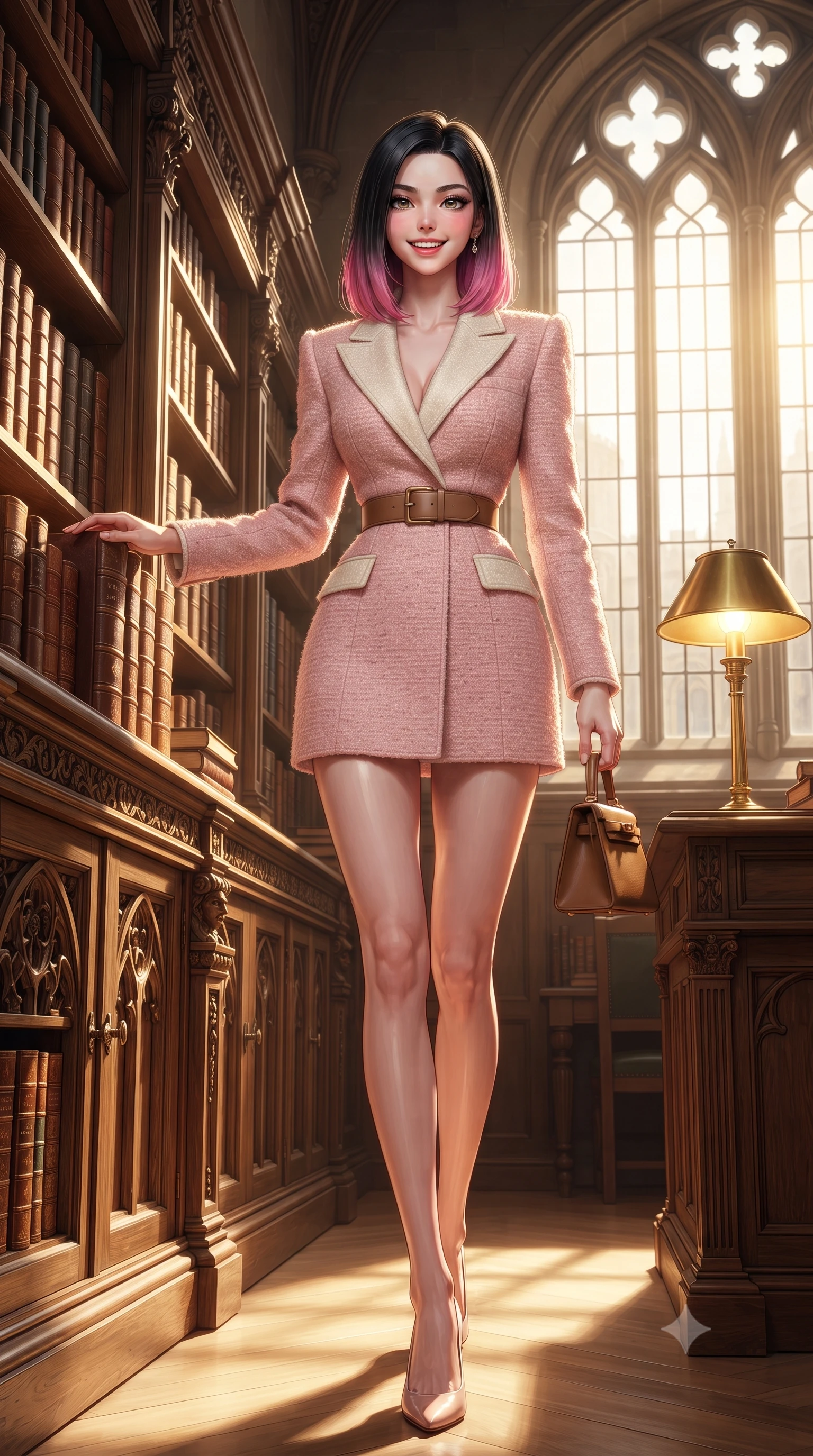score_9, masterpiece, best quality, ultra-detailed, high-budget anime keyframe, editorial fashion photography, tasteful artistic composition, Korean woman. low angle full-body shot from head to toe showing her feet, filling the entire 9:16 vertical frame with her statuesque presence, stretching her vertical silhouette. stepping forward in a confident stride, her long slender legs and curvaceous hips creating a dynamic, sweeping vertical line while standing poised beside the towering 16th-century carved oak bookshelves, resting one hand on a leather-bound folio with an enchanting, intelligent smile. The surrounding environment is rendered in vivid detail and crisp panoramic clarity: detailed bespoke Prince of Wales check blazer tailoring, horn button textures, and historic Oxford architecture in razor-sharp precision. She has an exceptionally tall and slender model-like 8.5-heads proportion, an ultra-slim waist, a flat toned midriff, narrow delicate ribcage, and beautifully sculpted feminine hips creating a graceful, slim hourglass silhouette without any bulky heaviness, with impossibly long slender legs. sharp v-shaped jawline, high-bridge nose, intricate jewel-like sparkling eyes with depth, thick eyelashes, glossy parted lips with a natural peach sheen, bright cheerful beaming smile with an enchanting and coquettish sensual glint, exuding both youthful cute charm and seductive allure, flawlessly proportioned anatomical accuracy, strict slender model proportions, natural body alignment, perfectly sculpted long slender limbs, ultra-slim waistline, clean dynamic posture without body distortion. wearing a bespoke hourglass-tailored wool blazer dress with structured shoulders and a deeply cinched belt, highlighting her sculpted feminine hips in Parisian pastel rose bouclé and cream pearl, made of ultra-fine Mongolian cashmere with sleek glove-like elasticity contouring her silhouette, finished with a structured leather micro-bag held lightly at her hip, the liquid-tight tailored fabric clinging flawlessly to her narrow waist and rounded feminine hips, emphasizing every millimeter of her sculpted slim hourglass curves without any bulky heaviness. bathed in luminous golden afternoon sunlight slanting through tall gothic lancet windows mixed with warm brass desk lamp glows. ultra-reflective glossy finish, specular highlights, rich textural contrasts, high-contrast stereoscopic depth, volumetric dynamic lighting, 2k, ultra detail, master piece, 9:16 ratio