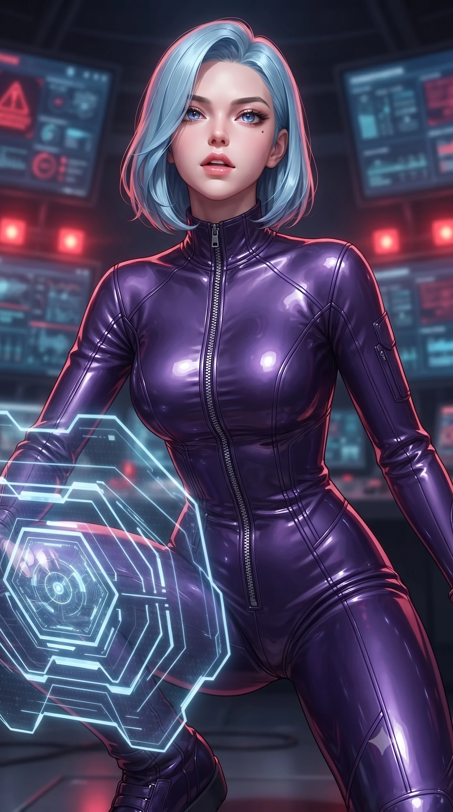 score_9, masterpiece, best quality, ultra-detailed, high-budget anime keyframe, editorial fashion photography, tasteful artistic composition, Korean woman. close-up cowboy shot from the waist and thighs up, the character dominates the composition, filling the frame with her large presence, background elements kept in soft focus. crouching slightly behind a glowing holographic shield emitter, looking up with defiance and lips slightly parted, the background shows a soft-focus a citadel control dome with warning screens and warning lights at night. She has an exceptionally elegant, slender, and willowy female figure with an ultra-slim waist, a gracefully sculpted slender torso, and a refined silhouette. sharp v-shaped jawline, high-bridge nose, intricate jewel-like eyes with depth, thick eyelashes, glossy lips with a natural sheen. wearing a body-hugging form-contouring pilot flight suit in deep purple liquid vinyl, featuring a snug mock-neck and chrome zipper details. pulsing red emergency warning beacons casting high-contrast dramatic shadows. ultra-reflective glossy finish, specular highlights, metallic sheen, high-contrast stereoscopic depth, volumetric dynamic lighting, 2k, ultra detail, master piece, 9:16 ratio