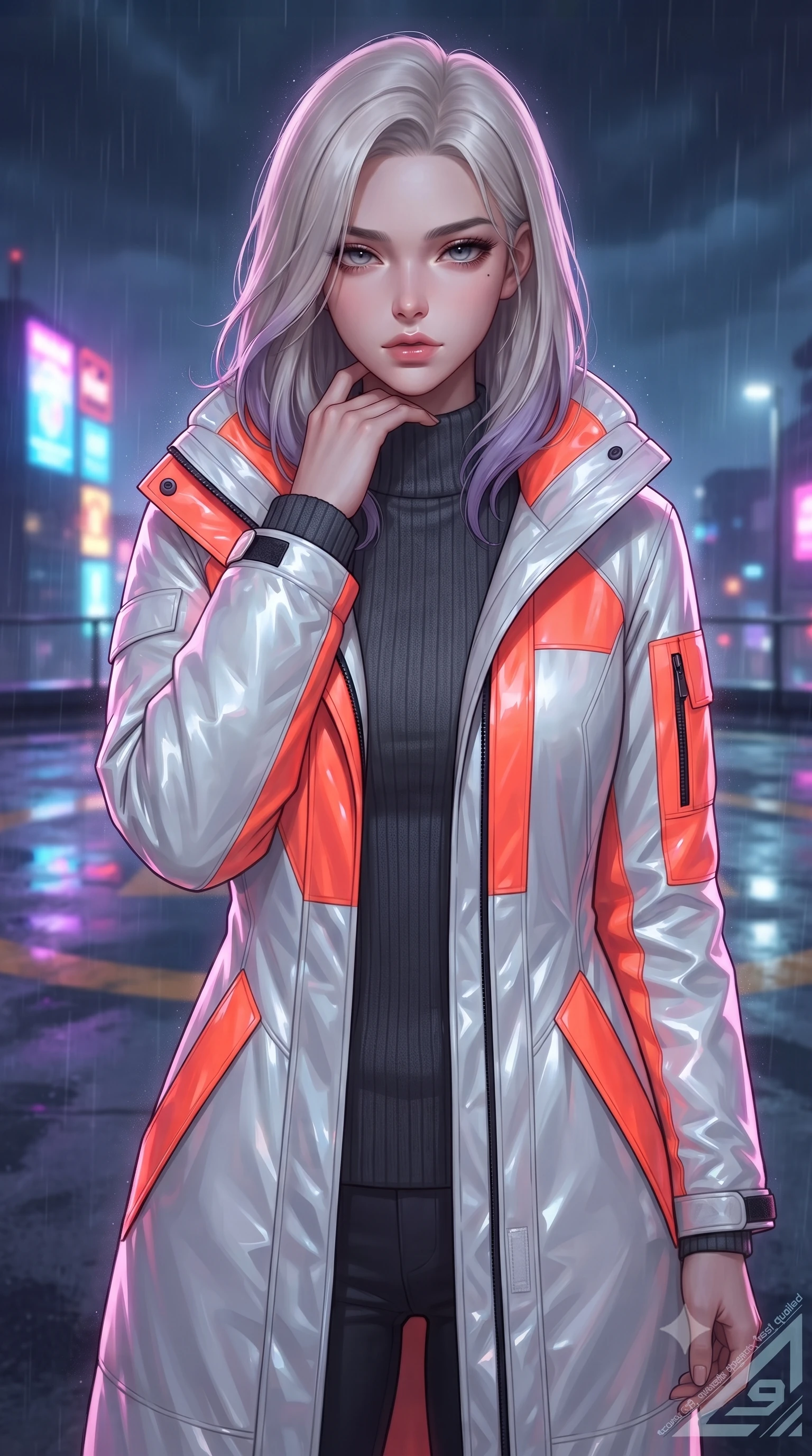 score_9, masterpiece, best quality, ultra-detailed, high-budget anime keyframe, editorial fashion photography, tasteful artistic composition, Caucasian woman. close-up cowboy shot from the waist and thighs up, the character dominates the composition, filling the frame with her large presence, background elements kept in soft focus. standing with one hand resting on her collarbone, looking at the viewer with bedroom-eyes the background shows a soft-focus a rooftop helipad circle during a heavy thunderstorm with wet concrete. She has an exceptionally elegant, slender, and willowy female figure with an ultra-slim waist, a gracefully sculpted slender torso, and a refined silhouette. sharp v-shaped jawline, high-bridge nose, intricate jewel-like eyes with depth, thick eyelashes, glossy lips with a natural sheen. wearing a body-hugging heavy polar-station parka in white and neon orange tech-fabric, over a grey utility sweater. vibrant streetlights and neon signs reflecting off the wet asphalt surface. ultra-reflective glossy finish, specular highlights, metallic sheen, high-contrast stereoscopic depth, volumetric dynamic lighting, 2k, ultra detail, master piece, 9:16 ratio