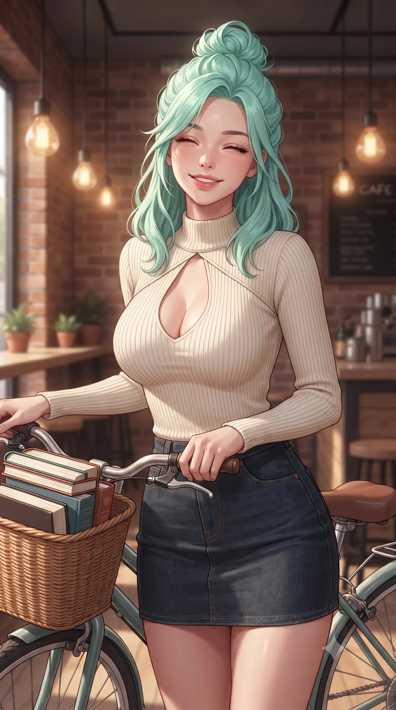 score_9, masterpiece, best quality, ultra-detailed, high-budget anime keyframe, editorial fashion photography, tasteful artistic composition, Japanese woman. close-up cowboy shot from the waist and thighs up, the character dominates the composition, filling the frame with her large presence, background elements kept in soft focus. smiling happily with closed eyes, enjoying the warm sunbeams on her face set against a soft-focus background of in a cozy student union cafe with brick walls and warm hanging pendant lights resting her hand on a bicycle handle with a basket full of books. She has an exceptionally elegant, slender, and willowy female figure with an ultra-slim waist, a gracefully sculpted slender torso, and a refined silhouette. sharp v-shaped jawline, high-bridge nose, intricate jewel-like eyes with depth, thick eyelashes, glossy lips with a natural sheen. wearing slim-fit form-contouring ribbed knit top with a plunging keyhole cutout, paired with a dark denim mini skirt. cool morning sunlight creating a fresh, energetic ambiance. ultra-reflective glossy finish, specular highlights, metallic sheen, high-contrast stereoscopic depth, volumetric dynamic lighting, 2k, ultra detail, master piece, 9:16 ratio