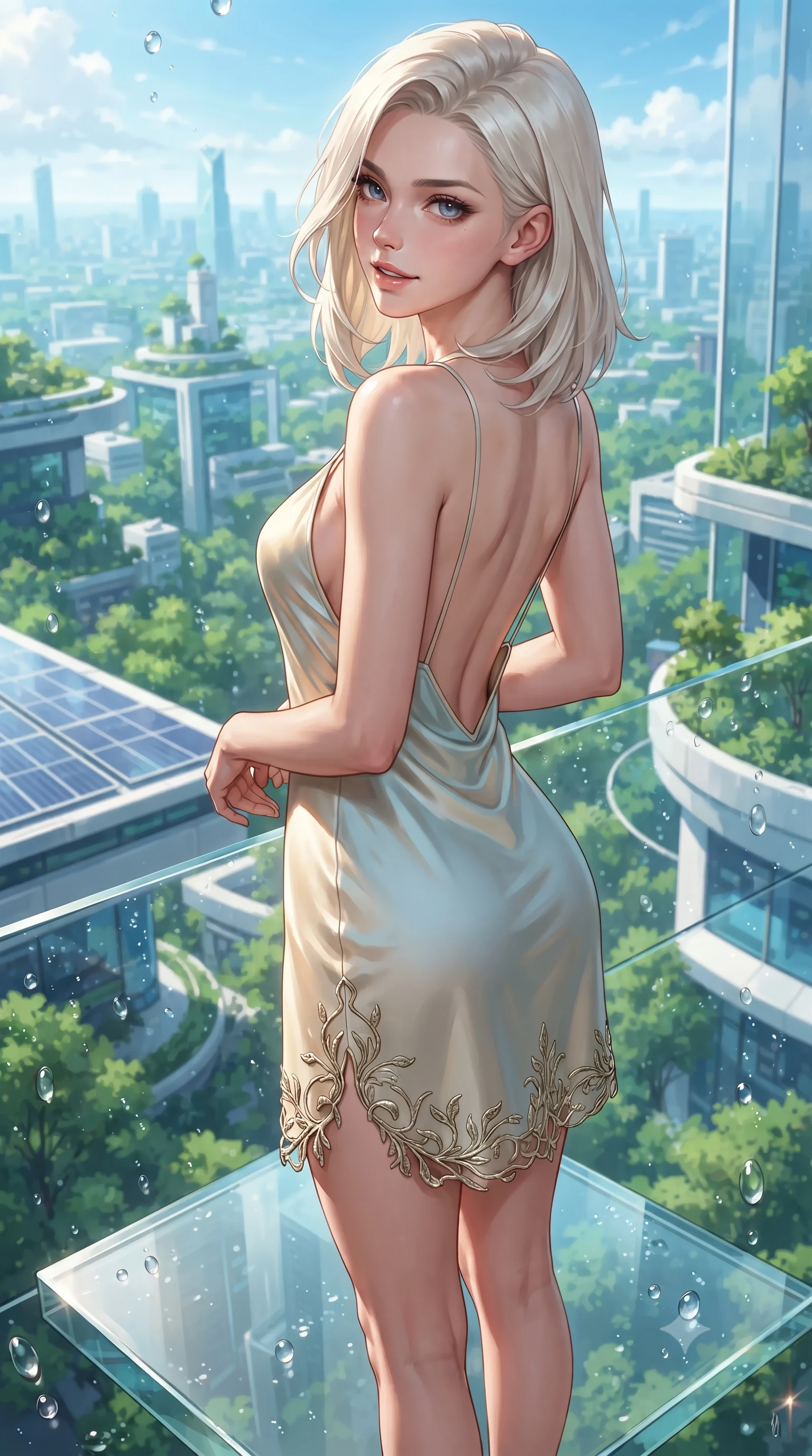 score_9, masterpiece, best quality, ultra-detailed, high-budget anime keyframe, editorial fashion photography, tasteful artistic composition, Caucasian woman. close-up cowboy shot from the waist and thighs up, the character dominates the composition, filling the frame with her large presence. turning over a bare shoulder with an intoxicating, teasing smile, her soft hair framing her sharp jawline as she looks back while standing poised on a floating glass stepping stone above the emerald biosphere, displaying her flawless slender proportions. The surrounding environment is rendered in vivid detail and crisp panoramic clarity. detailed sky-high metropolis greenery, architectural solar panels, and water droplets in high clarity. She has an exceptionally elegant, slender, and willowy female figure with an ultra-slim waist, a gracefully sculpted slender torso, toned flat midriff, and a refined slim silhouette. sharp v-shaped jawline, high-bridge nose, intricate jewel-like eyes with depth, thick eyelashes, glossy parted lips with a natural sheen, intensely captivating and seductive expression, flawlessly proportioned anatomical accuracy, strict slender model proportions, natural body alignment, perfectly sculpted long slender limbs, ultra-slim waistline, clean dynamic posture without body distortion. wearing a radiant champagne silk slip dress with an ultra-deep plunging back and delicate thin straps in sky azure and soft sunlight cream, made of flexible bio-polymer knit with second-skin elasticity, finished with organic vine-inspired metallic embroidery along the hem, the form-contouring material adhering flawlessly to her sculpted flat midriff and slender torso, emphasizing her long leg lines and perfectly proportioned willowy build. surrounded by a fresh, captivating, and delightfully invigorating summer muse aura. ultra-reflective glossy finish, specular highlights, rich textural contrasts, high-contrast stereoscopic depth, volumetric dynamic lighting, 2k, ultra detail, master piece, 9:16 ratio