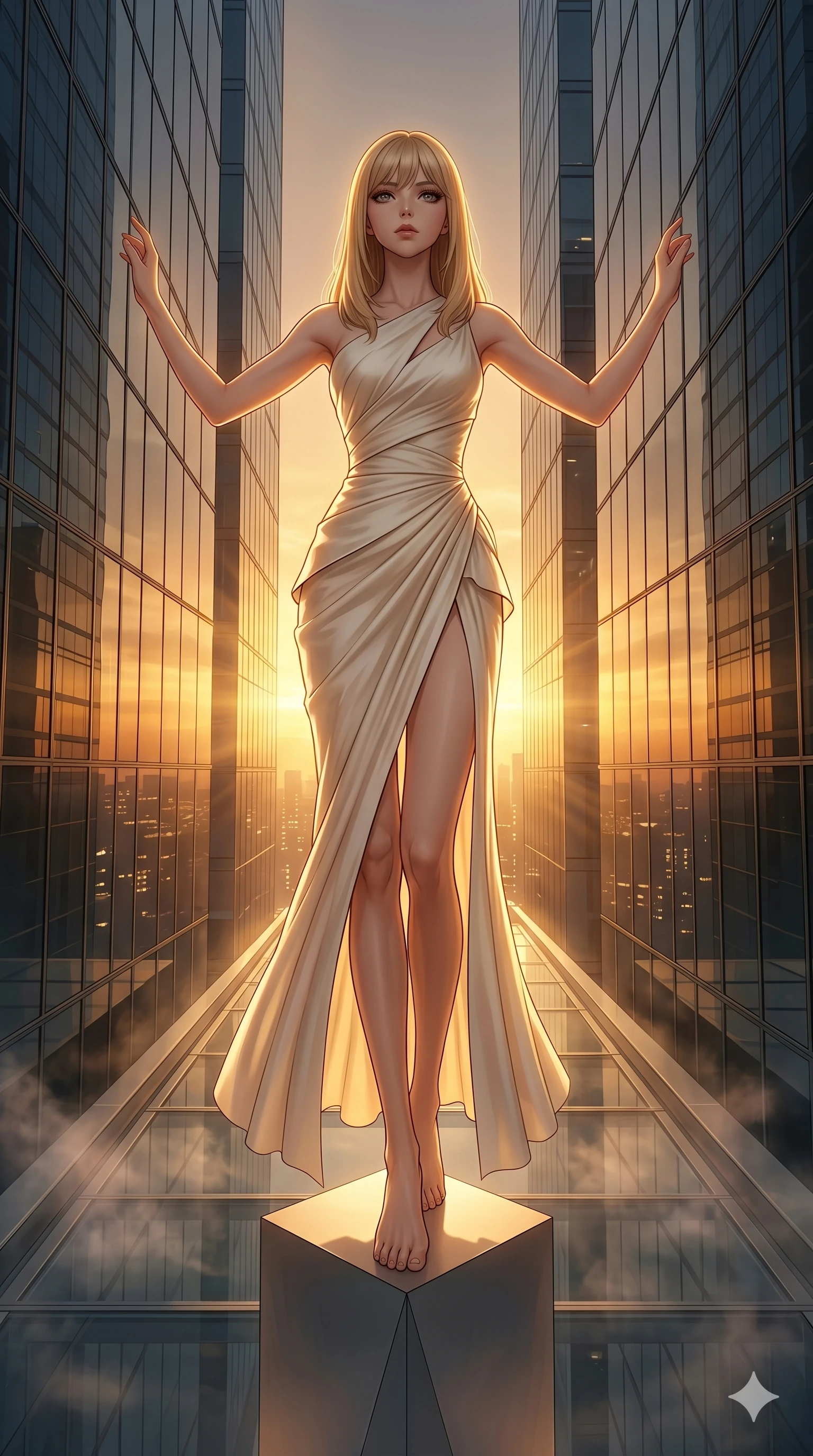 score_9, masterpiece, best quality, ultra-detailed, high-budget anime keyframe, editorial fashion photography, tasteful artistic composition, Japanese woman. low angle full-body shot from head to toe showing her feet, filling the entire 9:16 vertical frame with her statuesque presence, stretching her vertical silhouette. Standing victorious atop a pedestal, her body aligned to catch the volumetric rays of light on a high-tech sky-bridge between two towering skyscrapers reflecting gold sunset light, with a soft holographic mist slowly rising from the floor. She has an absolutely perfect 8-heads proportion, an exceptionally tall and slender female figure with impossibly long slender legs and an ultra-slim waist. V-shaped jawline, high-bridge nose, intricate jewel-like eyes with depth, thick eyelashes, glossy lips with a natural sheen. wearing a sculpted ivory silk gown with an asymmetric collar line and a daring front slit to mid-thigh. drenched in warm amber cinematic rim lighting that traces every contour of her silhouette against the dark. 2k, ultra detail, master piece, 9:16 ratio