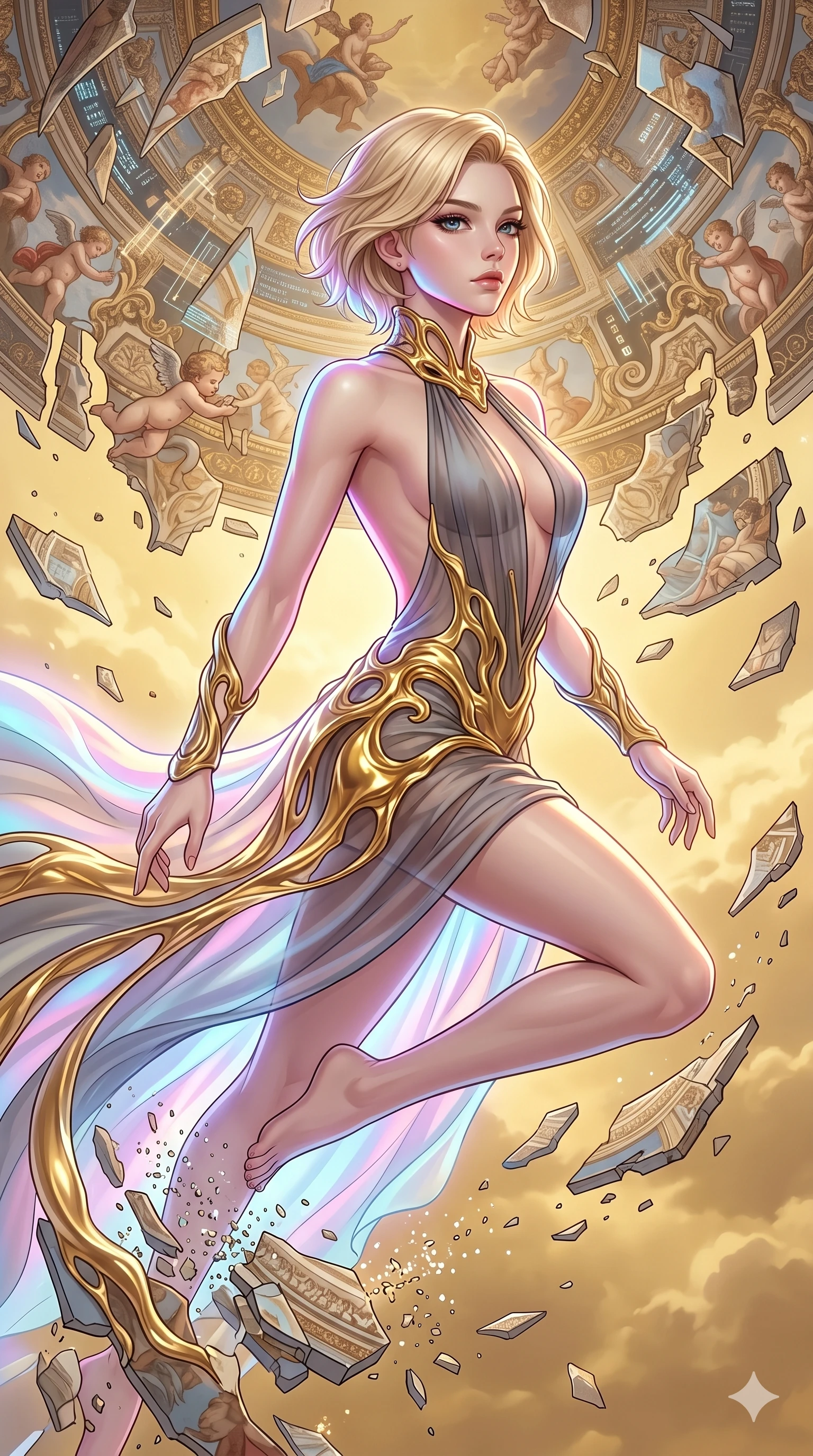 score_9, masterpiece, best quality, ultra-detailed, high-budget anime keyframe, Caucasian woman, strictly human ears. upper body close-up from the thighs up, character filling the screen for maximum presence. propelling herself off digital baroque ceiling fresco shards that float and reassemble in a golden sky. She has an absolutely perfect 8-heads proportion, an exceptionally tall and slender female figure with impossibly long slender legs and an ultra-slim waist. V-shaped jawline, high-bridge nose, intricate jewel-like eyes with depth, thick eyelashes, glossy lips with a natural sheen.. wearing a molten gold and chiffon gown, featuring organic liquid gold collar and cuffs on a translucent charcoal-gray halter neck chiffon gown with a deep backless design. enhanced by a luminous pastel spectrum glow, casting elegant rim lights on her shoulders and jawline. 2k, ultra detail, master piece, 9:16 ratio