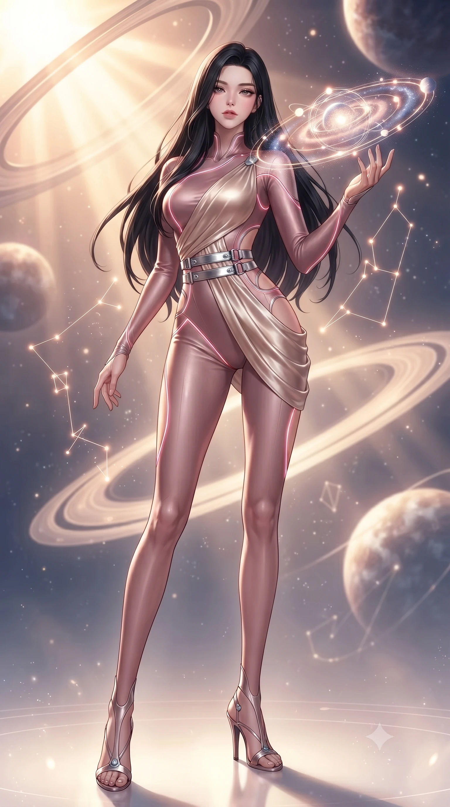 score_9, masterpiece, best quality, ultra-detailed, high-budget anime keyframe, editorial fashion photography, tasteful artistic composition, Korean woman. low angle full-body shot from head to toe showing her feet, filling the entire 9:16 vertical frame with her statuesque presence, stretching her vertical silhouette. navigating the luminous space with effortless poise, displaying her perfect model proportions adjusting a luminous planetary orbital dial filled with galaxy dust, glowing constellation lines tracing intricate patterns nearby. She has an absolutely perfect, statuesque 8.5-heads proportion, an exceptionally tall and slender model-like female figure with impossibly long slender legs and an ultra-slim waist. sharp v-shaped jawline, high-bridge nose, intricate jewel-like eyes with depth, thick eyelashes, glossy lips with a natural sheen. wearing a skin-tight cybernetic bodysuit with glowing neon seams and side cutouts in dusty rose and champagne gold, crafted from lustrous satin jersey with fluid draping, detailed with polished silver buckles along the waistline, the glove-like fit emphasizing her statuesque silhouette. bathed in warm sunbursts filtering through floating orbital rings. highly saturated vibrant anime colors, detailed shading with soft gradients, rich glossy textures, high-contrast stereoscopic depth, volumetric dynamic lighting, master piece, 9:16 ratio