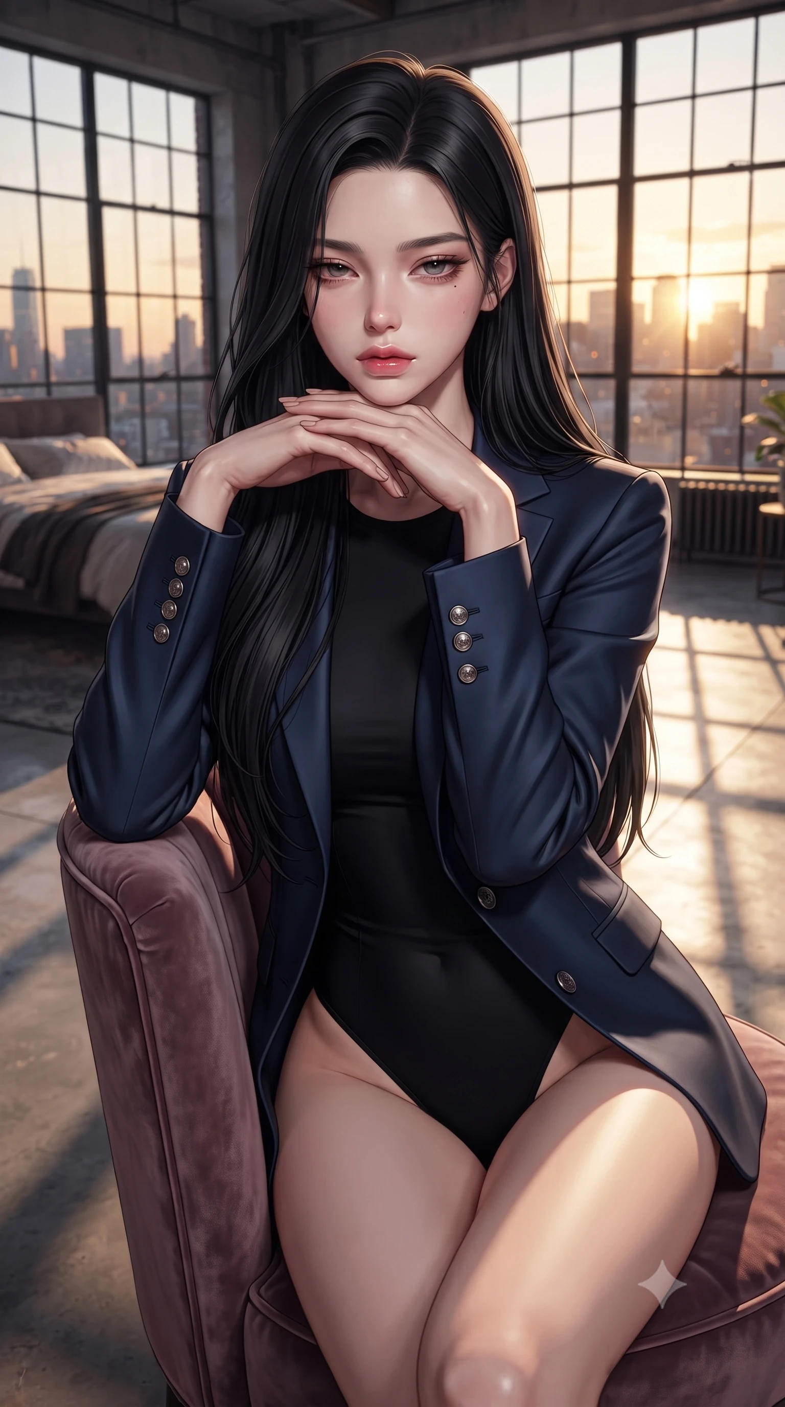 score_9, masterpiece, best quality, ultra-detailed, high-budget anime keyframe, editorial fashion photography, tasteful artistic composition, Korean woman woman. close-up cowboy shot from the waist and thighs up, the character dominates the composition, filling the frame with her large presence, background elements kept in soft focus. resting her chin on the backs of her fingers, casting a heavy-lidded, sultry look past the camera the background shows a soft-focus a high-ceiling loft bedroom with large industrial windows looking at city skyline. She has an exceptionally elegant, slender, and willowy female figure with an ultra-slim waist, a gracefully sculpted slender torso, and a refined silhouette. sharp v-shaped jawline, high-bridge nose, intricate jewel-like eyes with depth, thick eyelashes, glossy lips with a natural sheen. wearing a tailored sleek tailored blazer in navy blue worn closed over a tight-fitting black bodysuit. golden hour sunset light casting long, dramatic geometric shadow lines across the floor. ultra-reflective glossy finish, specular highlights, metallic sheen, high-contrast stereoscopic depth, volumetric dynamic lighting, 2k, ultra detail, master piece, 9:16 ratio