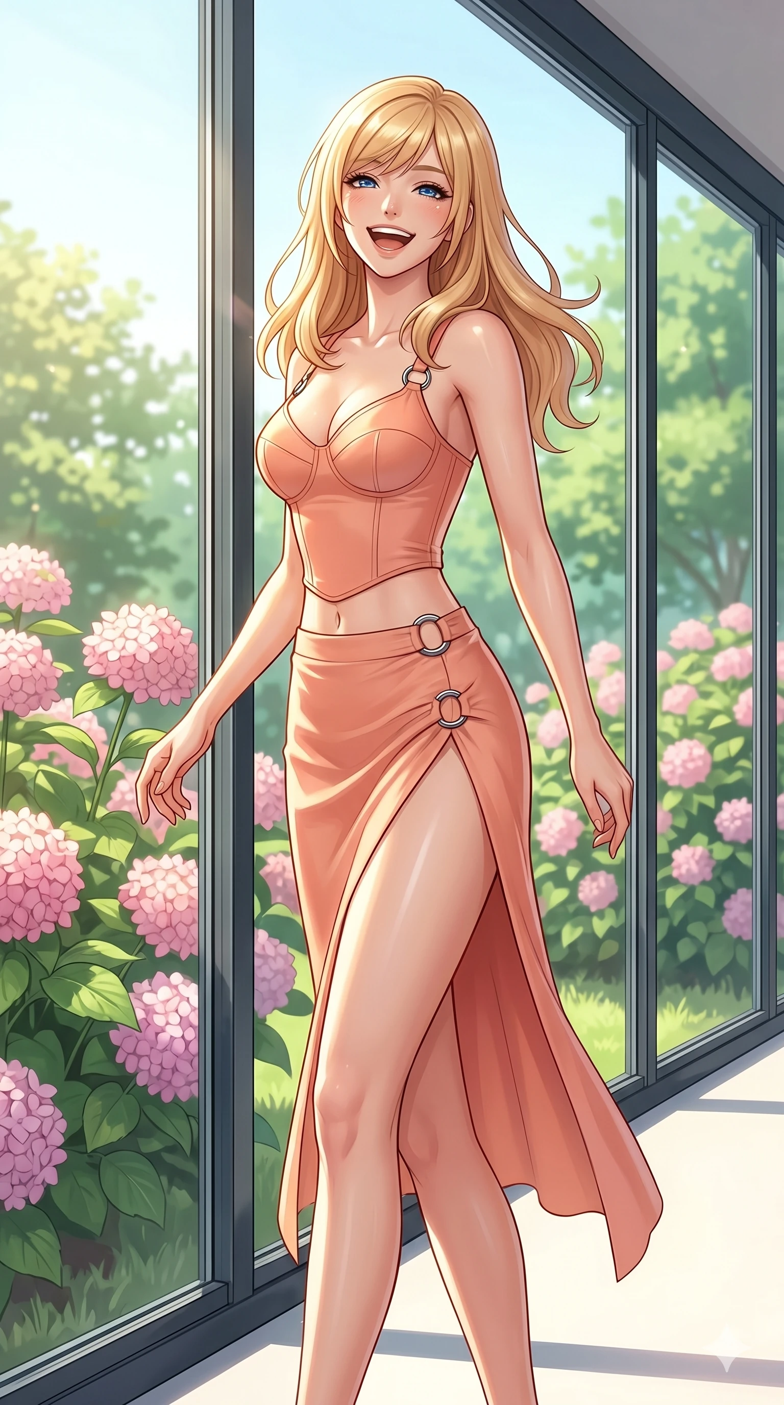 score_9, masterpiece, best quality, ultra-detailed, high-budget anime keyframe, editorial fashion photography, tasteful artistic composition, Caucasian woman, strictly human ears. cowboy shot from the thighs up, character and outfit filling the frame for maximum editorial presence. turning around with a bright laugh, her eyes sparkling with joyful energy standing by a tall glass wall overlooking a sunlit garden of pink hydrangeas. She has an absolutely perfect 8-heads proportion, an exceptionally tall and slender female figure with impossibly long slender legs and an ultra-slim waist. V-shaped jawline, high-bridge nose, intricate jewel-like eyes with depth, thick eyelashes, glossy lips with a natural sheen. wearing a structured peach-colored bustier top with chrome-ring hardware and a matching high-slit skirt. illuminated by direct, bright midday sunlight making her smooth skin glow beautifully. 2k, ultra detail, master piece, 9:16 ratio