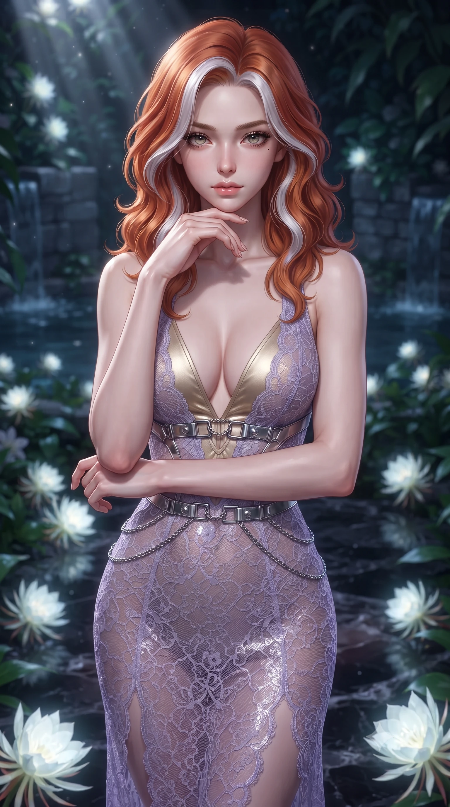 score_9, masterpiece, best quality, ultra-detailed, high-budget anime keyframe, editorial fashion photography, tasteful artistic composition, Caucasian woman. close-up cowboy shot from the waist and thighs up, the character dominates the composition, filling the frame with her large presence, background elements kept in soft focus. Resting her chin on the backs of her fingers with an air of effortless superiority, standing on a dark marble terrace covered in night-blooming bioluminescent white moonflowers, translucent water reflections dancing gently on garden stone walls. She has an exceptionally elegant, slender, and willowy female figure with an ultra-slim waist, a gracefully sculpted slender torso, and a refined silhouette. sharp v-shaped jawline, high-bridge nose, intricate jewel-like eyes with depth, thick eyelashes, glossy lips with a natural sheen. wearing gothic nebula sheer lavender lace gown with plunging neckline in champagne gold, made of sculpted platinum chrome, framed by polished silver buckles and delicate chain details, contouring every curve with an exceptionally elegant silhouette. lit by quiet moonlit key rays piercing through dark garden foliage. highly saturated vibrant anime colors, detailed shading with soft gradients, rich glossy textures, high-contrast stereoscopic depth, volumetric dynamic lighting, master piece, 9:16 ratio