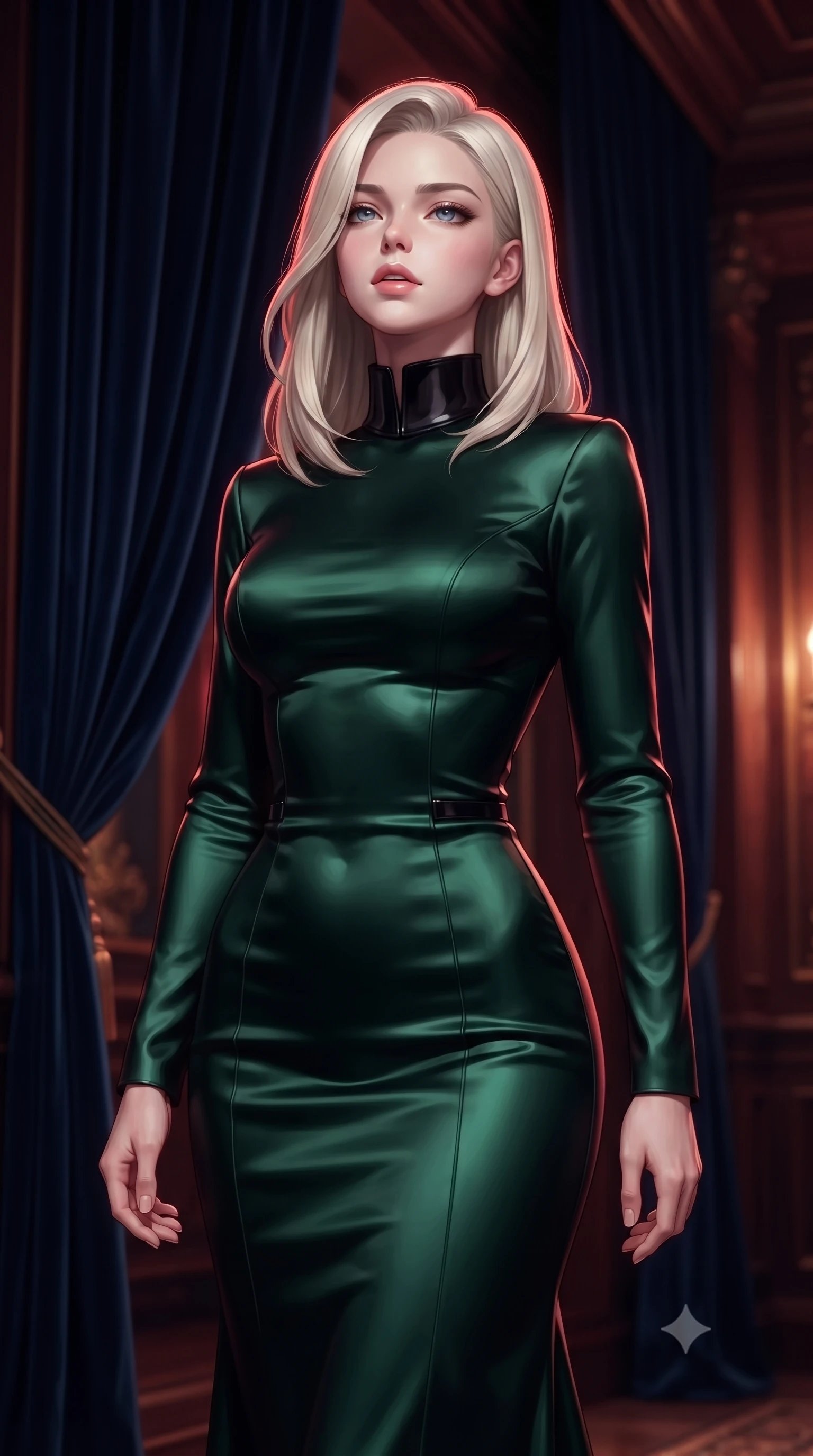 score_9, masterpiece, best quality, ultra-detailed, high-budget anime keyframe, editorial fashion photography, tasteful artistic composition, Caucasian woman. close-up cowboy shot from the waist and thighs up, the character dominates the composition, filling the frame with her large presence, background elements kept in soft focus. Tilting her chin up slightly with lips parted in a composed, magnetic expression, walking past heavy midnight blue velvet drapery swallowing ambient light, intimate luxury aesthetic with refined editorial framing. She has an exceptionally elegant, slender, and willowy female figure with an ultra-slim waist, a gracefully sculpted slender torso, and a refined silhouette. sharp v-shaped jawline, high-bridge nose, intricate jewel-like eyes with depth, thick eyelashes, glossy lips with a natural sheen. wearing long-sleeved dark emerald satin gown with high structured collar in pitch-black onyx, made of soft crimson satin, adorned with minimalist black onyx hardware framing the silhouette, the fitted fabric emphasizing her ultra-slim waist. surrounded by a moody crimson and gold glow with sharp edge highlights. highly saturated vibrant anime colors, detailed shading with soft gradients, rich glossy textures, high-contrast stereoscopic depth, volumetric dynamic lighting, master piece, 9:16 ratio