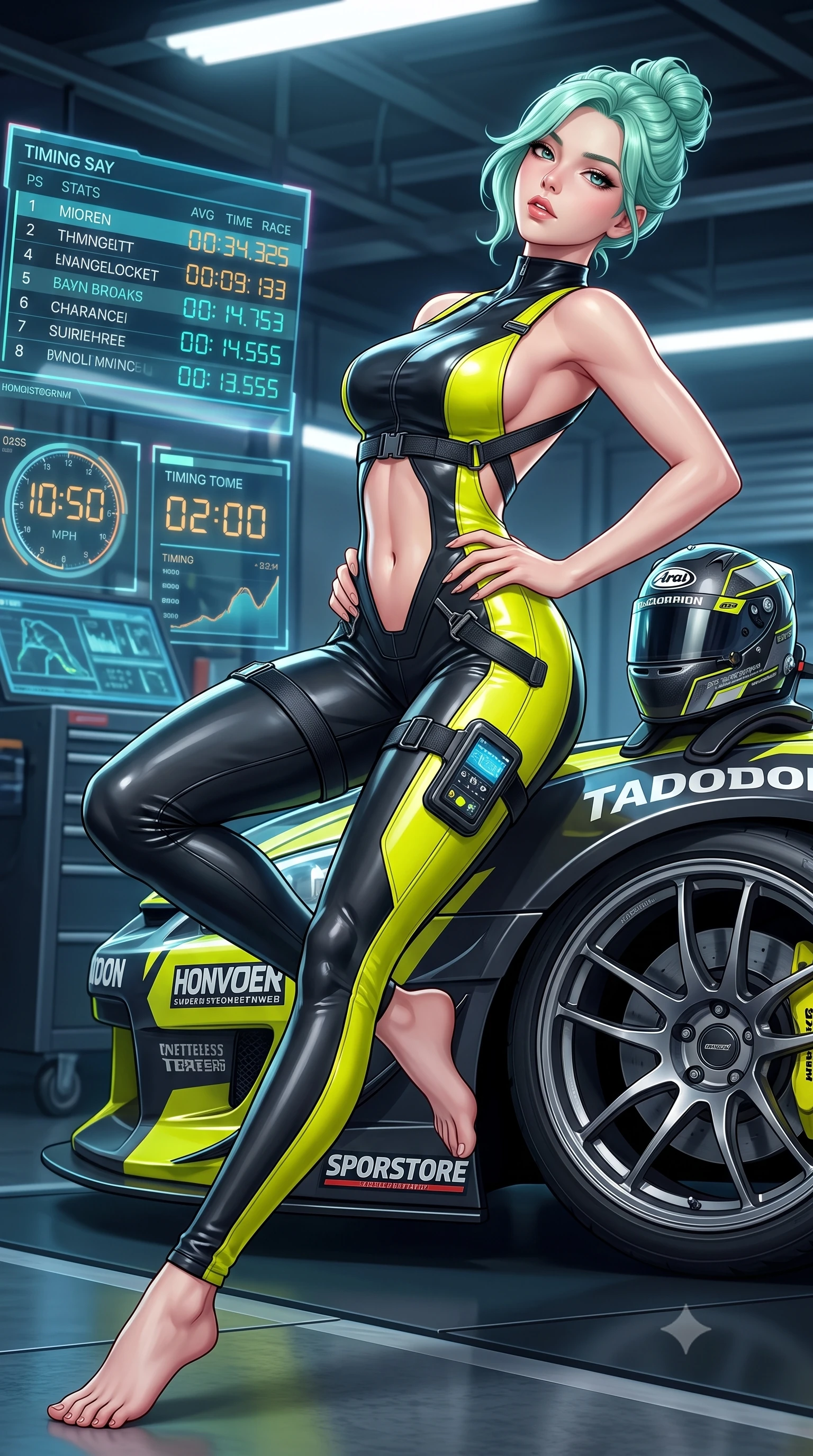 score_9, masterpiece, best quality, ultra-detailed, high-budget anime keyframe, semi-realistic 3D game render, editorial fashion photography, tasteful artistic composition, Japanese woman. low angle full-body shot from head to toe showing her feet, filling the entire 9:16 vertical frame with her statuesque presence, stretching her vertical silhouette. reclining back languidly with one knee bent and spine arched in a breathtaking dancer line, commanding the entire 9:16 vertical frame while twisting her athletic torso in an alluring S-curve while resting both hands on her hips, looking past the camera with fearless allure. The surrounding environment is rendered in vivid detail and crisp panoramic clarity. detailed holographic timing displays, alloy wheel spokes, and high-tech racing helmet in high clarity. She has an absolutely perfect, statuesque 8.5-heads proportion, an exceptionally tall and slender model-like female figure with impossibly long slender legs, a toned flat midriff, and an ultra-slim waist. sharp v-shaped jawline, high-bridge nose, intricate jewel-like eyes with depth, thick eyelashes, glossy parted lips with a natural sheen, intensely captivating and seductive expression, flawlessly proportioned anatomical accuracy, strict slender model proportions, natural body alignment, perfectly sculpted long slender limbs, ultra-slim waistline, clean dynamic posture without body distortion. wearing a daring open-back racing jumpsuit with crossed elastic suspension straps and form-hugging fit in high-gloss asphalt black and hazard neon yellow, crafted from flexible ballistic matte leather and aerodynamic stretch neoprene, equipped with a sleek thigh-mounted telemetry display and tactical harness, the sleek tactical cut tightly hugging her graceful clavicle, narrow waist, and athletic curves with statuesque precision. surrounded by an adrenaline-fueled, audacious, and wildly charismatic drift idol aura. highly saturated vibrant anime colors, detailed shading with soft gradients, rich glossy textures, high-contrast stereoscopic depth, volumetric dynamic lighting, master piece, 9:16 ratio