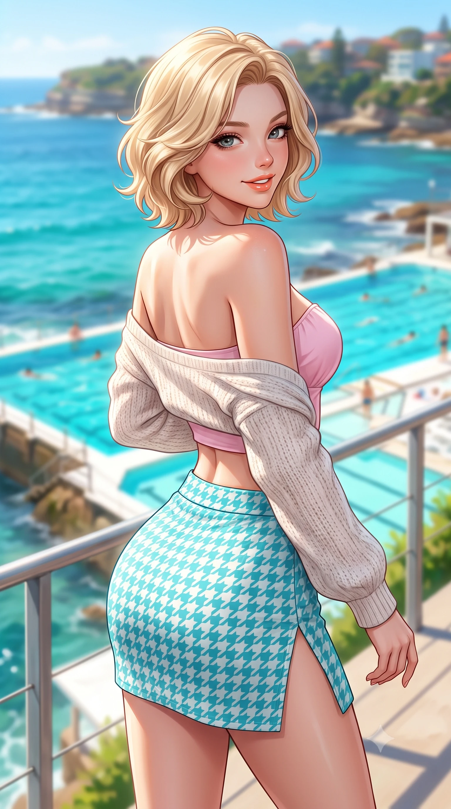 score_9, masterpiece, best quality, ultra-detailed, high-budget anime keyframe, semi-realistic 3D game render, editorial fashion photography, tasteful artistic composition, Caucasian woman. close-up cowboy shot from the waist and thighs up, the character dominates the composition, filling the frame with her large presence. posing in an alluring rear three-quarter angle, turning over a bare shoulder with an intoxicating cute smile, her hips cocked back to highlight her slim hourglass curve while striding along the elevated coastal walkway overlooking the famous turquoise ocean pool, arching her back with an infectious, sun-kissed smile. The composition keeps background elements in soft focus with dreamy creamy bokeh. iconic iceberg pool swimmers and coastal headlands softened in vibrant Australian shallow focus. She has an exceptionally elegant, slender, and willowy female figure with an ultra-slim waist, flat toned midriff, narrow ribcage, and sculpted feminine hips creating an alluring, slim hourglass silhouette without bulk. sharp v-shaped jawline, high-bridge nose, intricate jewel-like sparkling eyes with depth, thick eyelashes, glossy parted lips with a natural peach sheen, bright cheerful beaming smile with an enchanting and coquettish sensual glint, exuding both youthful cute charm and seductive allure, flawlessly proportioned anatomical accuracy, strict slender model proportions, natural body alignment, perfectly sculpted long slender limbs, ultra-slim waistline, clean dynamic posture without body distortion. wearing a sweetheart-neckline baby-pink crop top with a high-slit wrap mini skirt accentuating her waist-to-hip curve in ocean turquoise and sea-salt white, tailored from crisp cotton poplin with clean structural lines, complemented by an oversized soft knit cardigan slipping off one bare shoulder, the precision-cut side openings and low-back scoop framing her graceful spine and the sensual sweep of her slim, toned hips. bathed in brilliant Australian coastal sunshine and radiant turquoise water bounce fill. highly saturated vibrant anime colors, detailed shading with soft gradients, rich glossy textures, high-contrast stereoscopic depth, volumetric dynamic lighting, master piece, 9:16 ratio