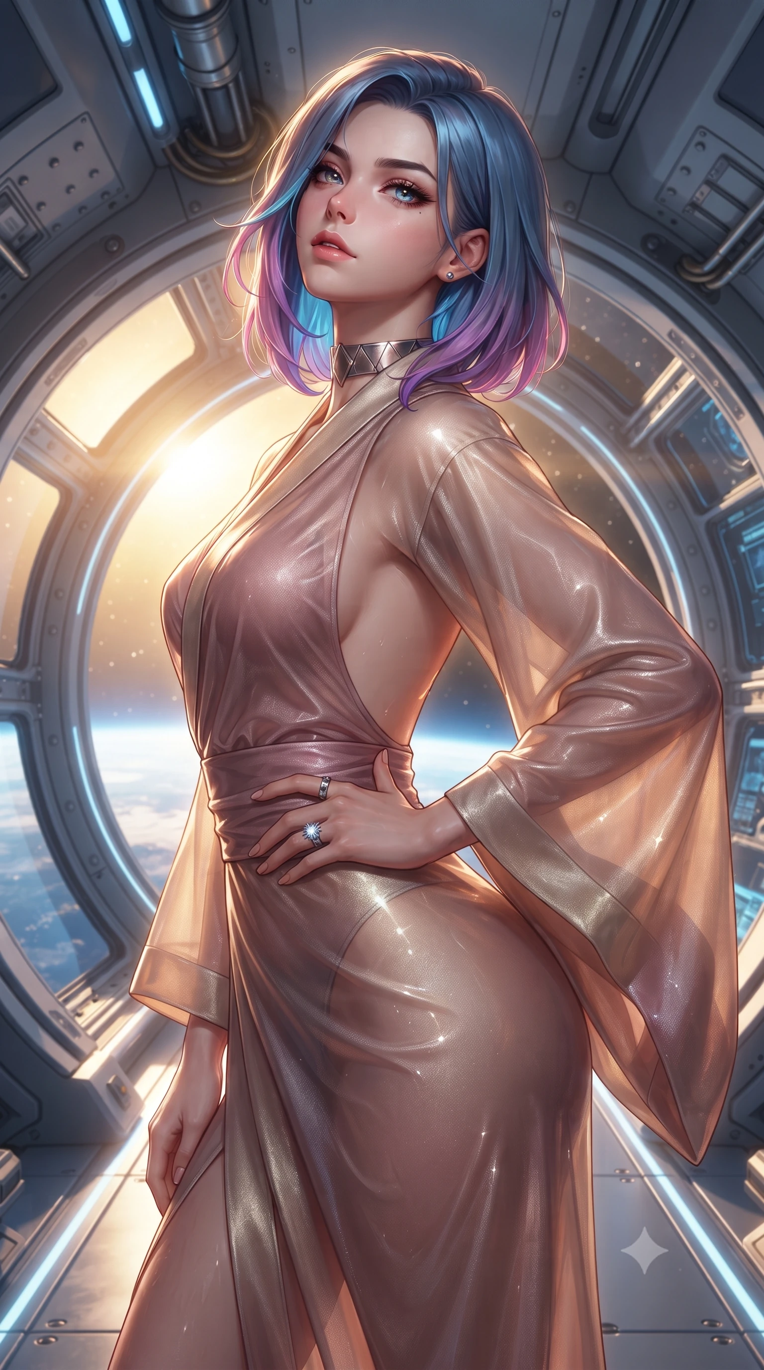 score_9, masterpiece, best quality, ultra-detailed, high-budget anime keyframe, editorial fashion photography, tasteful artistic composition, Caucasian woman. close-up cowboy shot from the waist and thighs up, the character dominates the composition, filling the frame with her large presence. tilting her chin up with proud, sovereign allure while gazing through thick eyelashes, one hand resting on her waist in pure supermodel charisma while pivoting gracefully along the illuminated orbital corridor, her liquid metallic garments clinging to her sculpted flat midriff and feminine hips. The surrounding environment is rendered in vivid detail and crisp panoramic clarity. sharp curved station viewport frames, titanium bulkhead rivets, and magnetic deck seams in deep focus. She has an exceptionally elegant, slender, and willowy female figure with an ultra-slim waist, flat toned midriff, narrow ribcage, and sculpted feminine hips creating an alluring, slim hourglass silhouette without bulk. sharp v-shaped jawline, high-bridge nose, intricate jewel-like eyes with depth, thick eyelashes, glossy parted lips with a natural sheen, intensely captivating and seductive bedroom-eyes expression, flawlessly proportioned anatomical accuracy, strict slender model proportions, natural body alignment, perfectly sculpted long slender limbs, ultra-slim waistline, clean dynamic posture without body distortion. wearing a delicate semi-translucent silk yukata that clings to her wet skin and curvy hip contours in dusky blush rose and shimmering champagne shimmer, tailored from water-resistant treated wool gabardine and flexible stretch silk, complemented by a bold geometric choker and sparkling cocktail ring, the dramatically scooped open back descending to the base of her spine, accentuating her razor-sharp statuesque lines and slim hourglass silhouette. bathed in radiant golden orbital sunrise backlighting and ambient cool blue Earth glow from below. ultra-reflective glossy finish, specular highlights, rich textural contrasts, high-contrast stereoscopic depth, volumetric dynamic lighting, 2k, ultra detail, master piece, 9:16 ratio