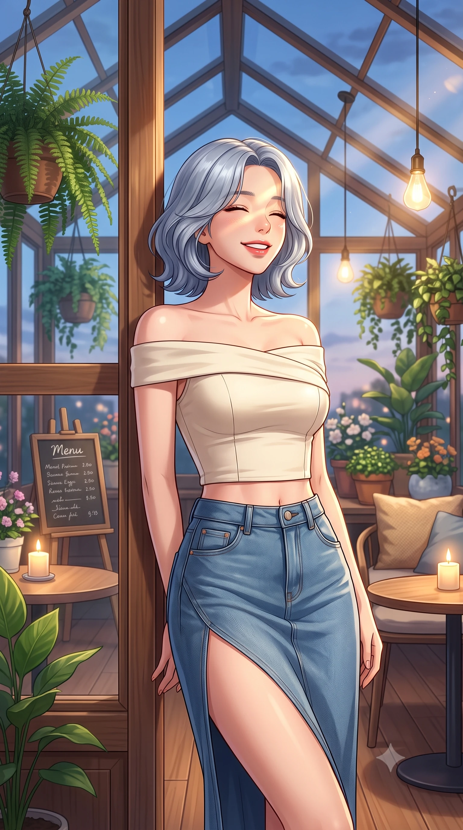 score_9, masterpiece, best quality, ultra-detailed, high-budget anime keyframe, editorial fashion photography, tasteful artistic composition, Korean woman. close-up cowboy shot from the waist and thighs up, the character dominates the composition, filling the frame with her large presence, background elements kept in soft focus. smiling happily with closed eyes, enjoying the warm sunbeams on her face set against a soft-focus background of in a quiet glass-roofed sunroom cafe filled with hanging ferns and flower pots with a handwritten menu board and cozy cushions on the chairs. She has an exceptionally elegant, slender, and willowy female figure with an ultra-slim waist, a gracefully sculpted slender torso, and a refined silhouette. sharp v-shaped jawline, high-bridge nose, intricate jewel-like eyes with depth, thick eyelashes, glossy lips with a natural sheen. wearing tailored stylish off-shoulder crop top paired with a high-slit denim midi skirt. soft candle glow and warm pendant lights clashing with the cool blue dusk sky. highly saturated vibrant anime colors, detailed shading with soft gradients, rich glossy textures, high-contrast stereoscopic depth, volumetric dynamic lighting, master piece, 9:16 ratio
