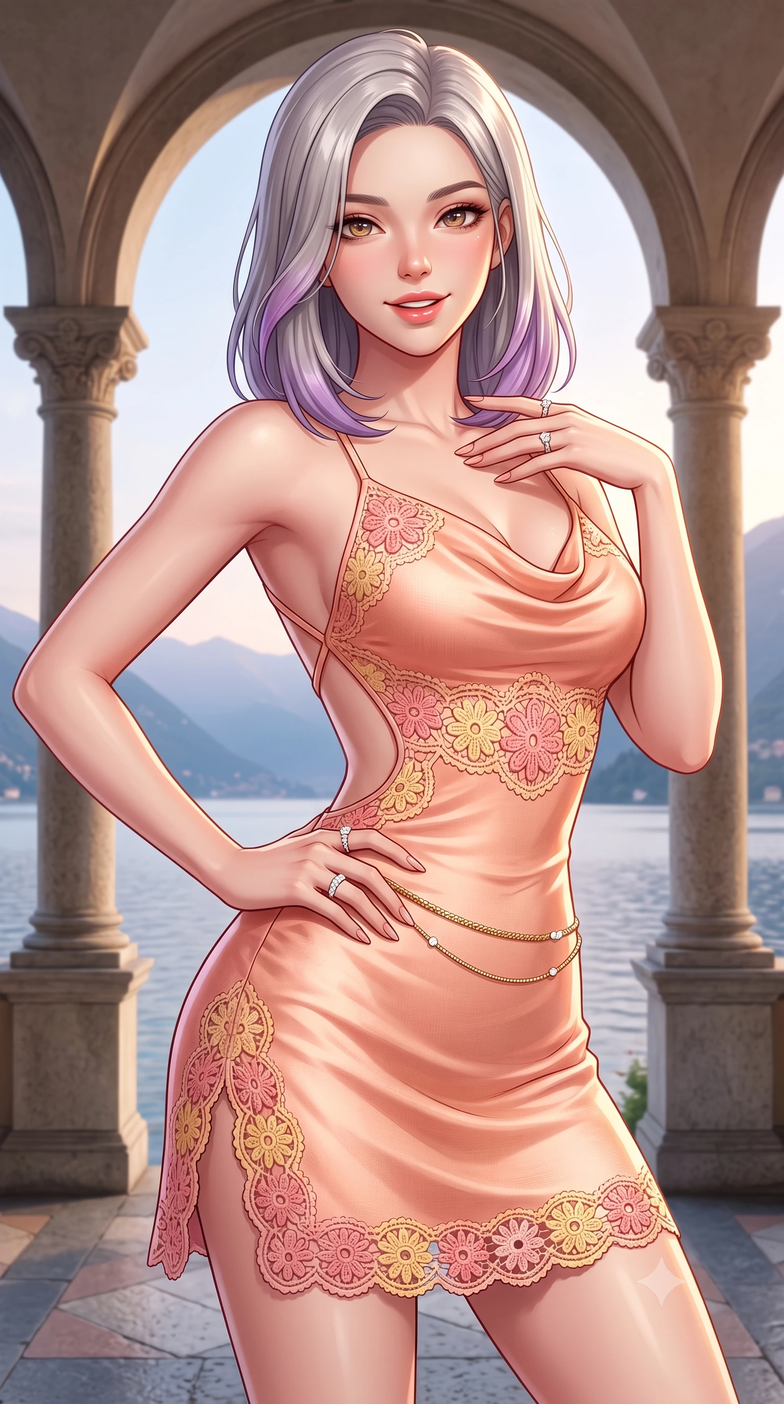 score_9, masterpiece, best quality, ultra-detailed, high-budget anime keyframe, semi-realistic 3D game render, editorial fashion photography, tasteful artistic composition, Caucasian woman. close-up cowboy shot from the waist and thighs up, the character dominates the composition, filling the frame with her large presence. twisting her slender torso in an alluring contrapposto stance, one hand resting on her sculpted hip while flashing a charming, playful smile with parted glossy lips while standing between the classical stone arches of the iconic lakefront loggia, arching her back with regal elegance against the mountain-framed lake. The surrounding environment is rendered in vivid detail and crisp panoramic clarity. detailed linen or silk fabric weave, diamond jewelry glints, and Italian historic villa architecture in high resolution. She has an exceptionally elegant, slender, and willowy female figure with an ultra-slim waist, flat toned midriff, narrow ribcage, and sculpted feminine hips creating an alluring, slim hourglass silhouette without bulk. sharp v-shaped jawline, high-bridge nose, sparkling amber-hazel eyes with depth, long lush eyelashes, glossy sun-kissed lips with a warm coral glaze, radiant teasing smile with sensual sunlit bedroom-eyes, exuding effortless old-money elegance and intoxicating sun-drenched allure, flawlessly proportioned anatomical accuracy, strict slender model proportions, natural body alignment, perfectly sculpted long slender limbs, ultra-slim waistline, clean dynamic posture without body distortion. wearing a breezy cowl-neck peach silk satin sundress with criss-cross back straps and hip-accentuating silhouette in sweet strawberry milk and warm butter yellow, crafted from sheer delicate crochet lace with intricate bohemian floral motifs, finished with a delicate gold snake chain belt resting loosely on her curvy hips, the precision-cut side openings and low-back scoop framing her graceful spine and the sensual sweep of her slim, sun-kissed hips. bathed in soft romantic evening light descending over the Como alpine basin. highly saturated vibrant anime colors, detailed shading with soft gradients, rich glossy textures, high-contrast stereoscopic depth, volumetric dynamic lighting, master piece, 9:16 ratio