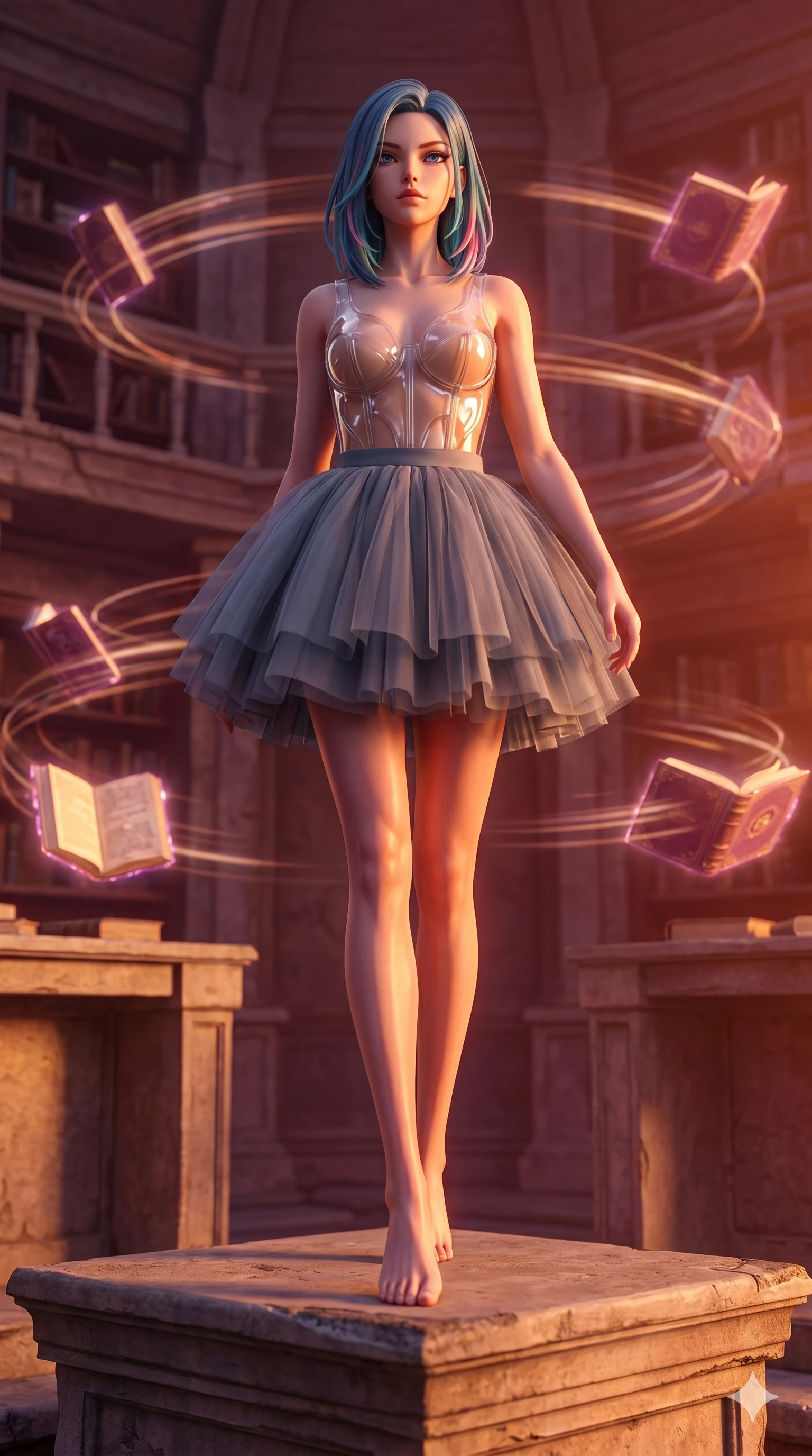 score_9, masterpiece, best quality, ultra-detailed, high-budget anime keyframe, editorial fashion photography, tasteful artistic composition, Caucasian woman, strictly human ears. low angle full-body shot from head to toe showing her feet, filling the entire 9:16 vertical frame with her statuesque presence, stretching her vertical silhouette. Stepping boldly forward onto an elevated stone surface, accentuating her long, slender legs inside a magical library where glowing books float in slow circles around desks. She has an absolutely perfect 8-heads proportion, an exceptionally tall and slender female figure with impossibly long slender legs and an ultra-slim waist. V-shaped jawline, high-bridge nose, intricate jewel-like eyes with depth, thick eyelashes, glossy lips with a natural sheen. wearing a sculpted transparent polymer glass bustier paired with a multi-layered slate gray tulle mini skirt. drenched in a warm sunset glow with deep orange and magenta tones wrapping her statuesque figure. 2k, ultra detail, master piece, 9:16 ratio