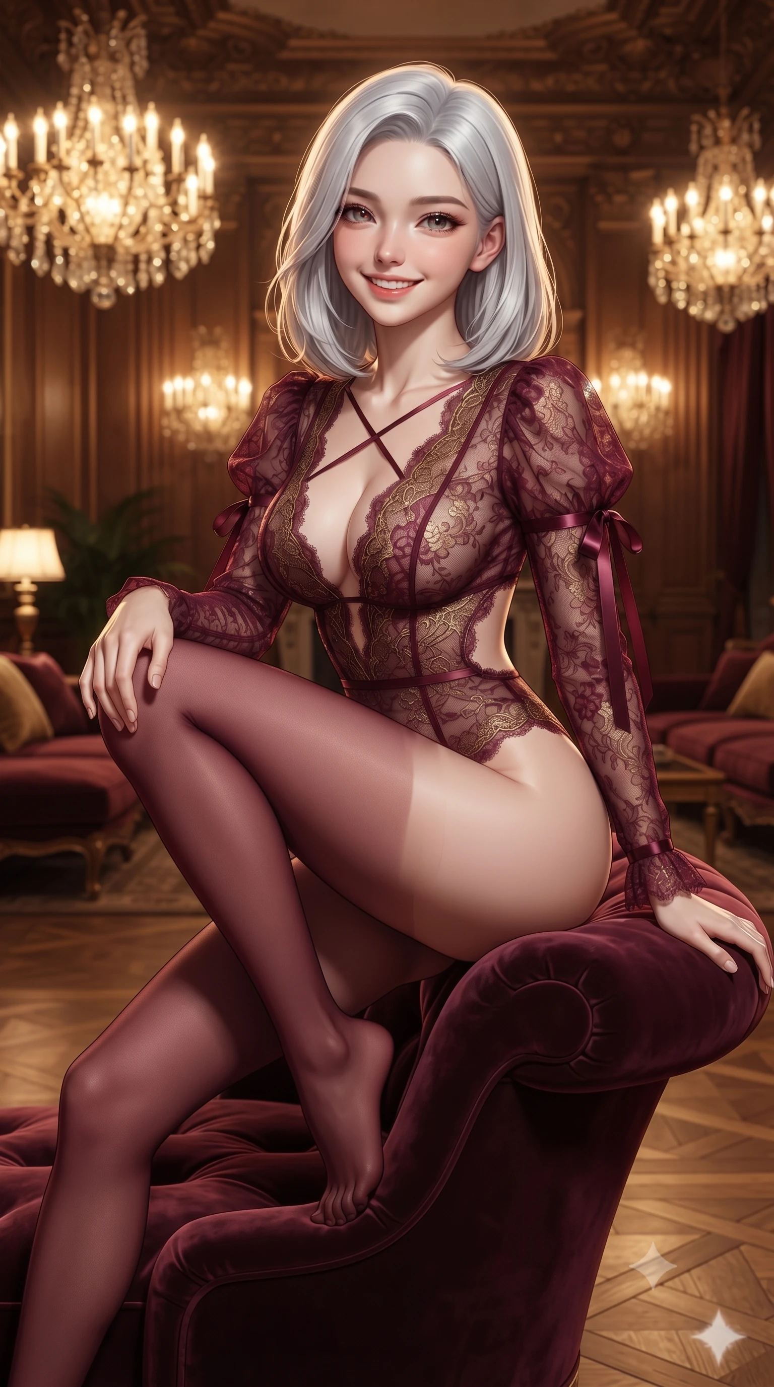 score_9, masterpiece, best quality, ultra-detailed, high-budget anime keyframe, editorial fashion photography, tasteful artistic composition, Korean woman. close-up cowboy shot from the waist and thighs up, the character dominates the composition, filling the frame with her large presence. perched sideways on the lounge seat, one knee drawn up to showcase her slender leg line while her arched back accentuates her feminine hip curve while walking slowly across the parquet de Versailles oak floor with poised runway strides, her sheer gown catching crystal chandelier facets. The surrounding environment is rendered in vivid detail and crisp panoramic clarity: detailed translucent silk chiffon boudoir slip with eyelash lace trims, open cowl back, and Gilded Age craft in high resolution. She has an exceptionally elegant, slender, and willowy female figure with an ultra-slim waist, flat toned midriff, narrow ribcage, and sculpted feminine hips creating an alluring, slim hourglass silhouette without bulk. sharp v-shaped jawline, high-bridge nose, intricate jewel-like sparkling eyes with depth, thick eyelashes, glossy parted lips with a natural peach sheen, bright cheerful beaming smile with an enchanting and coquettish sensual glint, exuding both youthful cute charm and seductive allure, flawlessly proportioned anatomical accuracy, strict slender model proportions, natural body alignment, perfectly sculpted long slender limbs, ultra-slim waistline, clean dynamic posture without body distortion. wearing an alluring sheer lace bodysuit with deep plunging neckline and delicate criss-cross strap details across her torso in French boudoir bordeaux wine and gilded bronze, woven from fine semi-opaque stretch illusion mesh tracing her slender contours, finished with satin ribbon ties at the shoulders fluttering in the gentle breeze, the precision-cut side openings and low-back scoop framing her graceful spine and the sensual sweep of her slim, toned hips. bathed in the opulent golden 2700K illumination of multi-tiered crystal chandeliers dimmed to an intimate evening glow. ultra-reflective glossy finish, specular highlights, rich textural contrasts, high-contrast stereoscopic depth, volumetric dynamic lighting, 2k, ultra detail, master piece, 9:16 ratio