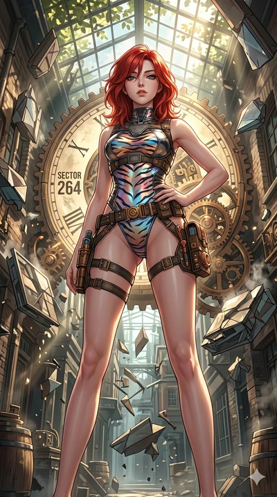 score_9, masterpiece, best quality, ultra-detailed, Set A: High-budget Anime Keyframe, Japanese woman. Low angle cowboy shot filling the entire 9:16 frame with her statuesque presence. Theme: Urban Decay. shattering the fabric of reality in a steampu