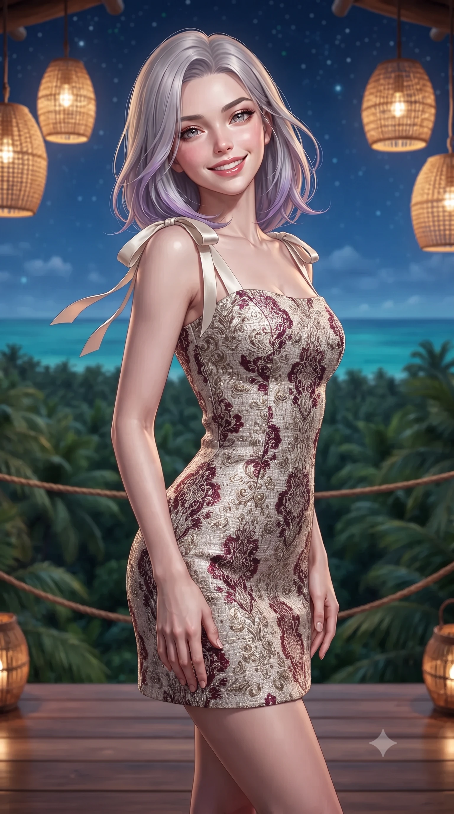 score_9, masterpiece, best quality, ultra-detailed, high-budget anime keyframe, editorial fashion photography, tasteful artistic composition, Caucasian woman. close-up cowboy shot from the waist and thighs up, the character dominates the composition, filling the frame with her large presence. tilting her head with a teasing half-smile, running one hand slowly down the side of her hip in a flirtatious S-curve as ambient light caresses her silhouette while standing poised on the polished zapote hardwood deck suspended 40 feet above the jungle canopy, arching her spine with effortless supermodel poise as nocturnal ocean breezes whisper. The background shows a soft-focus endless sea of emerald jungle palm fronds, starry Caribbean sky, and distant turquoise ocean breakers blurred into jade, cobalt, and amber bokeh. She has an exceptionally elegant, slender, and willowy female figure with an ultra-slim waist, flat toned midriff, narrow ribcage, and sculpted feminine hips creating an alluring, slim hourglass silhouette without bulk. sharp v-shaped jawline, high-bridge nose, intricate jewel-like sparkling eyes with depth, thick eyelashes, glossy parted lips with a natural peach sheen, bright cheerful beaming smile with an enchanting and coquettish sensual glint, exuding both youthful cute charm and seductive allure, flawlessly proportioned anatomical accuracy, strict slender model proportions, natural body alignment, perfectly sculpted long slender limbs, ultra-slim waistline, clean dynamic posture without body distortion. wearing an aristocratic French Normandy jacquard brocade shift dress with bracelet sleeves in Belvedere ivory pearl and Habsburg bordeaux wine, woven from structured British tweed with subtle metallic flecks, finished with satin ribbon ties at the shoulders fluttering in the gentle breeze, the bespoke structured tailoring following the natural line of her 8.5-heads silhouette with refined elegance. bathed in the warm radiant 2400K illumination of hanging woven rattan lanterns mixed with cool Caribbean moonlight. ultra-reflective glossy finish, specular highlights, rich textural contrasts, high-contrast stereoscopic depth, volumetric dynamic lighting, 2k, ultra detail, master piece, 9:16 ratio