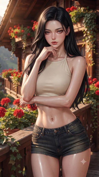score_9, masterpiece, best quality, ultra-detailed, high-budget anime keyframe, editorial fashion photography, tasteful artistic composition, Korean woman woman. close-up cowboy shot from the waist and thighs up, the character dominates the compositi