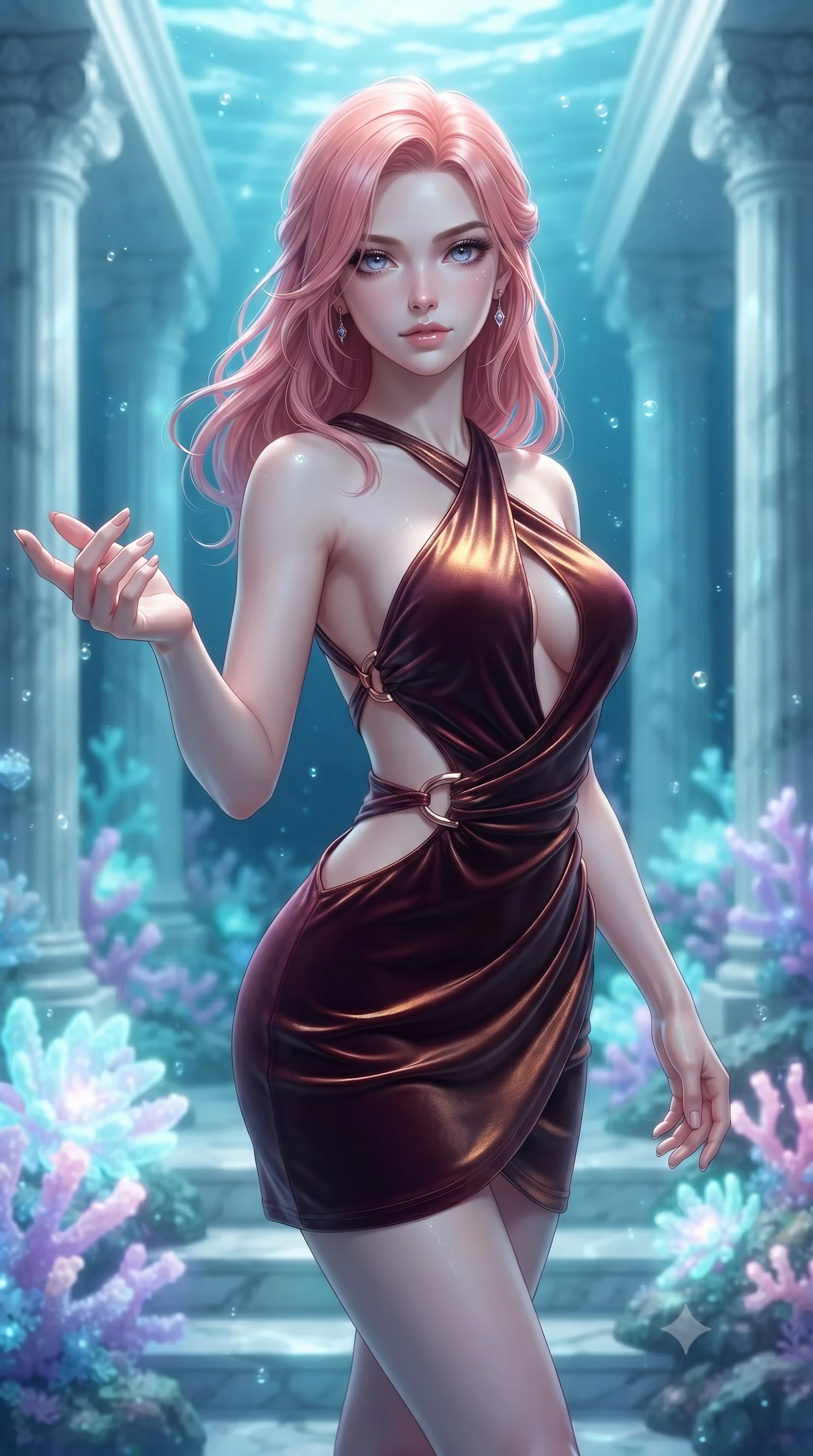 score_9, masterpiece, best quality, ultra-detailed, high-budget anime keyframe, editorial fashion photography, tasteful artistic composition, Japanese woman. close-up cowboy shot from the waist and thighs up, the character dominates the composition, filling the frame with her large presence, background elements kept in soft focus. Reaching one hand gracefully toward the viewer with effortless superiority and allure floating gracefully through a sunken white marble colonnade underwater, glowing coral blossoms emitting soft aqua and lavender light. She has an exceptionally elegant, slender, and willowy female figure with an ultra-slim waist, a gracefully sculpted slender torso, and a refined silhouette. sharp v-shaped jawline, high-bridge nose, intricate jewel-like eyes with depth, thick eyelashes, glossy lips with a natural sheen. wearing a dramatic open-waist cutout mini dress framed by sculptural hardware in deep burgundy and bronze, made of premium stretch velvet with a rich sheen, complemented by criss-cross back straps highlighting her bare shoulders, the elegant draped fit framing her graceful clavicle and slender torso. surrounded by a shimmering ocean aura with bright pearl-white rim lights. ultra-reflective glossy finish, specular highlights, metallic sheen, high-contrast stereoscopic depth, volumetric dynamic lighting, 2k, ultra detail, master piece, 9:16 ratio