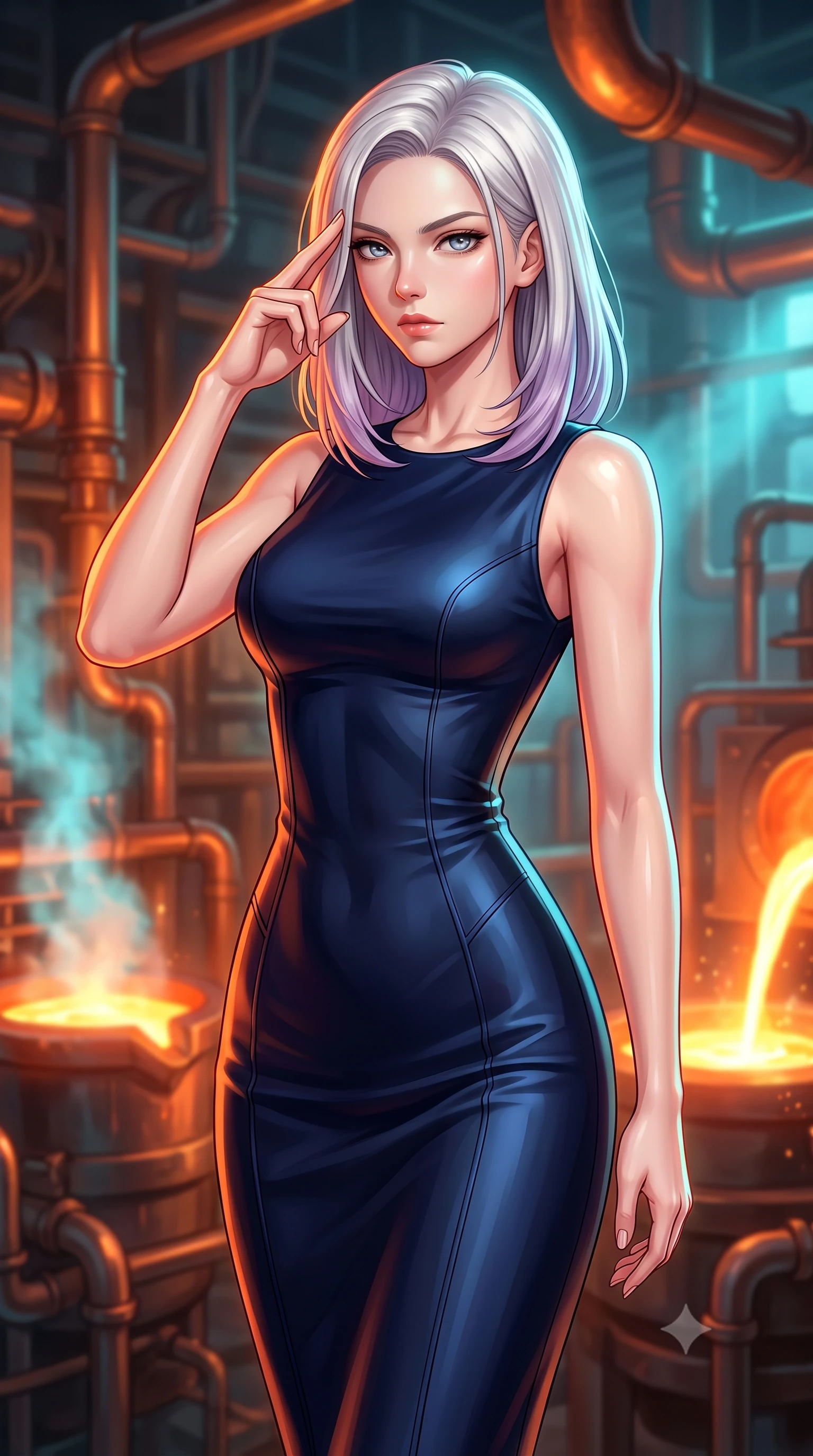 score_9, masterpiece, best quality, ultra-detailed, high-budget anime keyframe, editorial fashion photography, tasteful artistic composition, Caucasian woman woman. close-up cowboy shot from the waist and thighs up, the character dominates the composition, filling the frame with her large presence, background elements kept in soft focus. She has an exceptionally elegant, slender, and willowy female figure with an ultra-slim waist, a gracefully sculpted slender torso, and a refined silhouette. pressing two fingers to her temple in a composed gesture, gazing past the camera with sharp focus, flawlessly proportioned anatomical accuracy, natural body alignment, perfectly sculpted elegant limbs, clean dynamic posture without body distortion. set against a soft-focus background of a copper pipe industrial foundry with liquid aurora crucibles. wearing a sleek midnight navy silk column dress with form-contouring tailored seams. bathed in intense orange furnace light clashing with cool cyan steam highlights. highly saturated vibrant anime colors, detailed shading with soft gradients, rich glossy textures, high-contrast stereoscopic depth, volumetric dynamic lighting, master piece, 9:16 ratio