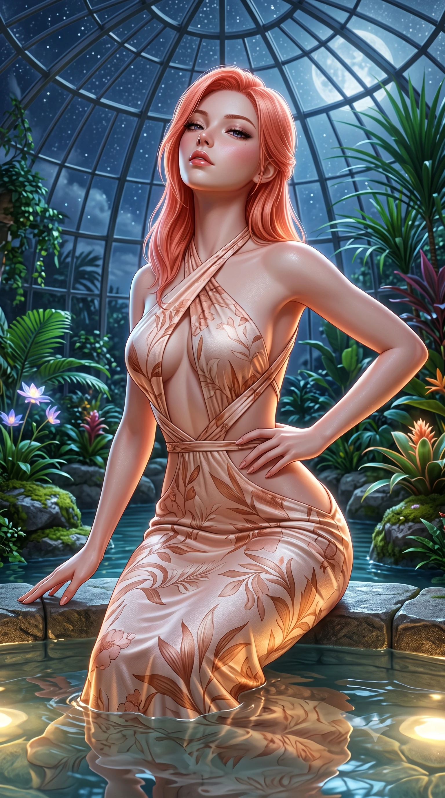 score_9, masterpiece, best quality, ultra-detailed, high-budget anime keyframe, semi-realistic 3D game render, editorial fashion photography, tasteful artistic composition, Japanese woman. close-up cowboy shot from the waist and thighs up, the character dominates the composition, filling the frame with her large presence. tilting her chin up with proud, sovereign allure while gazing through thick eyelashes, one hand resting on her waist in pure supermodel charisma while resting on a submerged stone bench as warm water laps at her waist, head tilted back toward the starry glass dome with parted lips. The surrounding environment is rendered in vivid detail and crisp panoramic clarity. lush nocturnal greenhouse chiaroscuro and enchanted botanical sanctuary aesthetics in precision. She has an exceptionally elegant, slender, and willowy female figure with an ultra-slim waist, a gracefully sculpted slender torso, toned flat midriff, and rounded feminine hips creating an alluring hourglass silhouette. sharp v-shaped jawline, high-bridge nose, intricate jewel-like eyes with depth, thick eyelashes, glossy parted lips with a natural sheen, intensely captivating and seductive bedroom-eyes expression, flawlessly proportioned anatomical accuracy, strict slender model proportions, natural body alignment, perfectly sculpted long slender limbs, ultra-slim waistline, clean dynamic posture without body distortion. wearing an open-waist botanical print silk maxi gown with crossed halter straps and bare back in pale peach blossom and brushed copper, crafted from breathable crinkled linen and lightweight modal knit, finished with criss-cross back straps highlighting her graceful bare spine, the precision-cut side openings and low-back scoop framing her graceful spine and the sensual sweep of her hips. bathed in cool silver moonlight filtering through the glass dome and warm underwater pool uplights. highly saturated vibrant anime colors, detailed shading with soft gradients, rich glossy textures, high-contrast stereoscopic depth, volumetric dynamic lighting, master piece, 9:16 ratio
