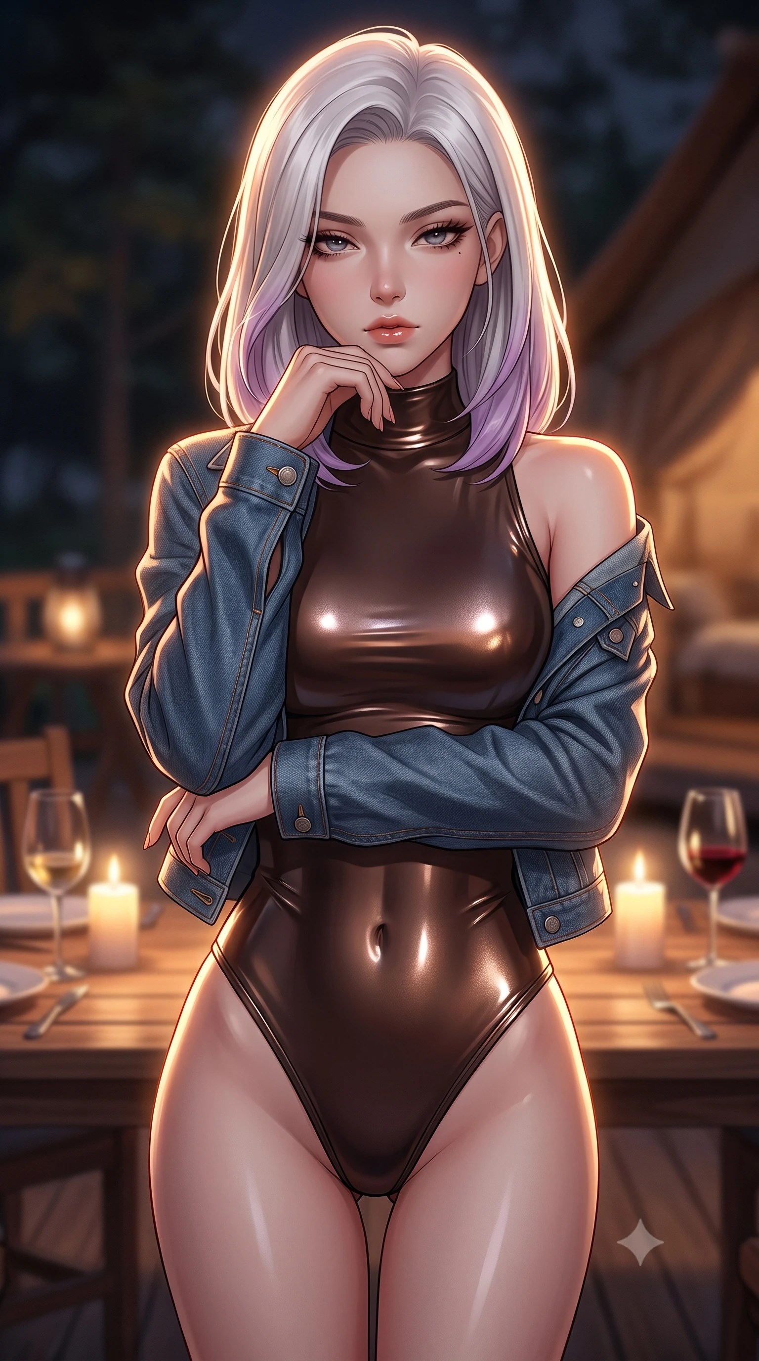score_9, masterpiece, best quality, ultra-detailed, high-budget anime keyframe, editorial fashion photography, tasteful artistic composition, Caucasian woman. close-up cowboy shot from the waist and thighs up, the character dominates the composition, filling the frame with her large presence, background elements kept in soft focus. resting her chin on the backs of her fingers, casting a heavy-lidded, sultry look past the camera the background shows a soft-focus a glamping dining deck with wooden tables, candles, and wine glasses at dusk. She has an exceptionally elegant, slender, and willowy female figure with an ultra-slim waist, a gracefully sculpted slender torso, and a refined silhouette. sharp v-shaped jawline, high-bridge nose, intricate jewel-like eyes with depth, thick eyelashes, glossy lips with a natural sheen. wearing a form-contouring form-contouring high-neck bodysuit in dark brown, worn under a tailored open denim jacket. warm golden hour sunset tracing her silhouette with a soft glowing rim light. ultra-reflective glossy finish, specular highlights, metallic sheen, high-contrast stereoscopic depth, volumetric dynamic lighting, 2k, ultra detail, master piece, 9:16 ratio