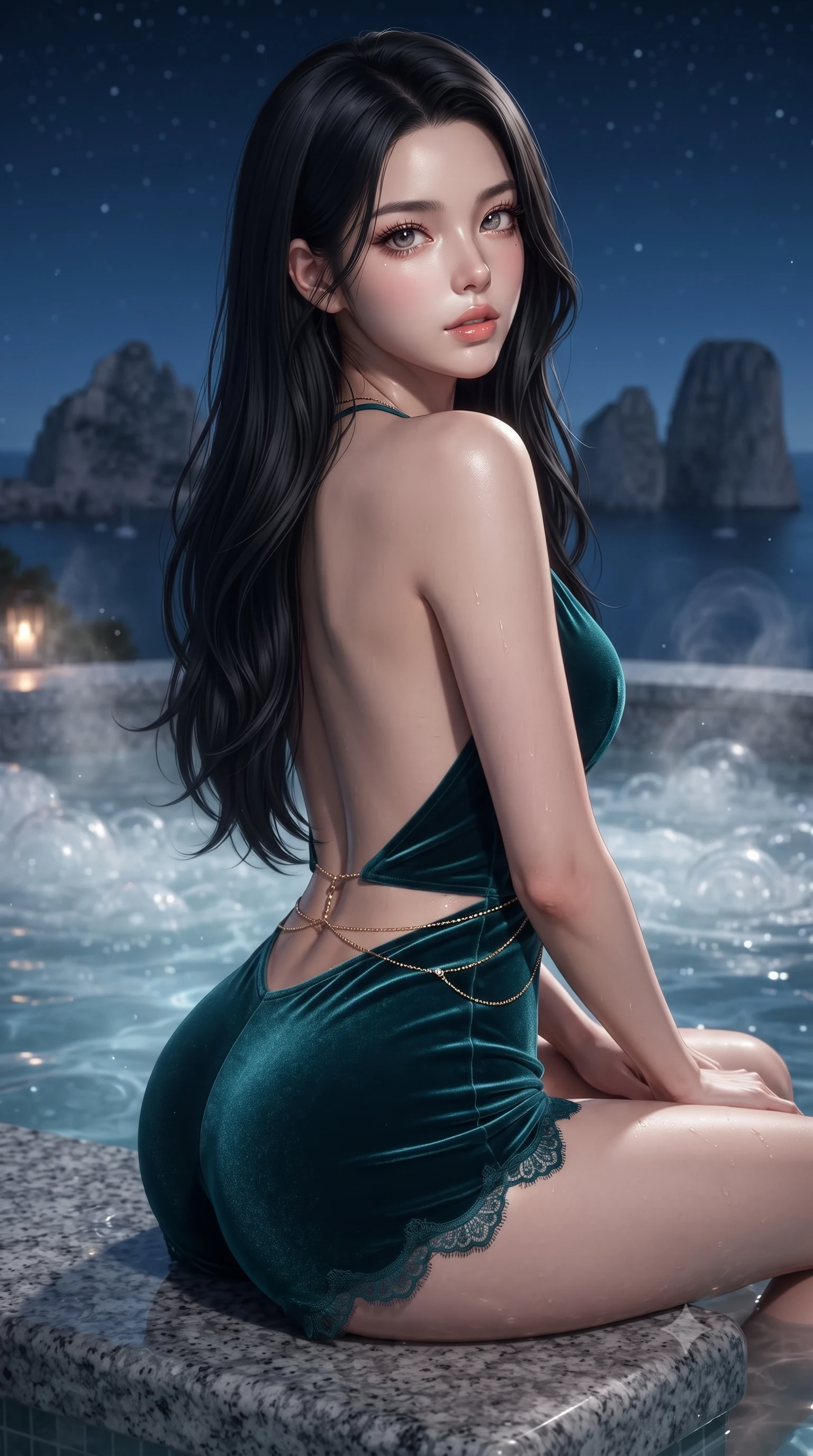 score_9, masterpiece, best quality, ultra-detailed, high-budget anime keyframe, editorial fashion photography, tasteful artistic composition, Korean woman. close-up cowboy shot from the waist and thighs up, the character dominates the composition, filling the frame with her large presence. posing in an alluring rear three-quarter angle, looking over a bare shoulder with parted glossy lips, her hips cocked back to highlight her slim hourglass curve while sitting on the submerged granite bench of the open-air cliffside hydro-spa, arching her spine with wet-look siren grace overlooking the iconic Faraglioni rock stacks. The background shows a soft-focus swirling hydrotherapy spa bubbles softened in exclusive nocturnal island shallow focus. She has an exceptionally elegant, slender, and willowy female figure with an ultra-slim waist, flat toned midriff, narrow ribcage, and sculpted feminine hips creating an alluring, slim hourglass silhouette without bulk. sharp v-shaped jawline, high-bridge nose, sparkling eyes with hypnotic seductive depth, thick curled eyelashes, glossy parted lips with a natural dewy peach sheen, alluring bedroom-eyes with an enchanting coquettish smile, exuding magnetic siren charisma and sophisticated glamour, flawlessly proportioned anatomical accuracy, strict slender model proportions, natural body alignment, perfectly sculpted long slender limbs, ultra-slim waistline, clean dynamic posture without body distortion. wearing a plunge-neck stretch velvet romper with scalloped eyelash-lace hems and a cinched waist ribbon in Ubud rainforest teal and sunset copper, woven from buttery-soft stretch lambskin leather adhering to her body like a second skin, accented with a dainty gold belly chain resting across her flat midriff and curving hips, the form-contouring silhouette accentuating her sculpted flat midriff, narrow delicate ribcage, and gracefully curvy hips with intoxicating allure. illuminated by water surface reflection caustics and sharp platinum rim lights sculpting her jawline, flat midriff, and voluptuous hip curves. ultra-reflective glossy finish, specular highlights, rich textural contrasts, high-contrast stereoscopic depth, volumetric dynamic lighting, 2k, ultra detail, master piece, 9:16 ratio
