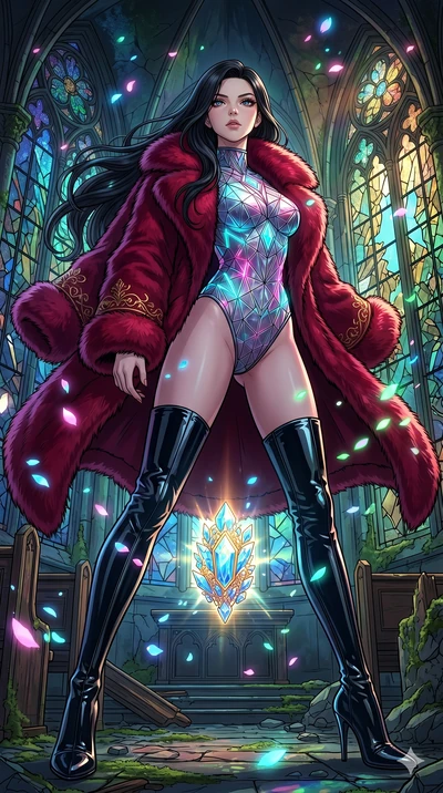 score_9, masterpiece, best quality, ultra-detailed, high-budget anime movie keyframe, cinematic anime lighting, intricate line art, Japanese woman. Low angle cowboy shot filling the entire 9:16 frame with her statuesque presence. defending a sacred r