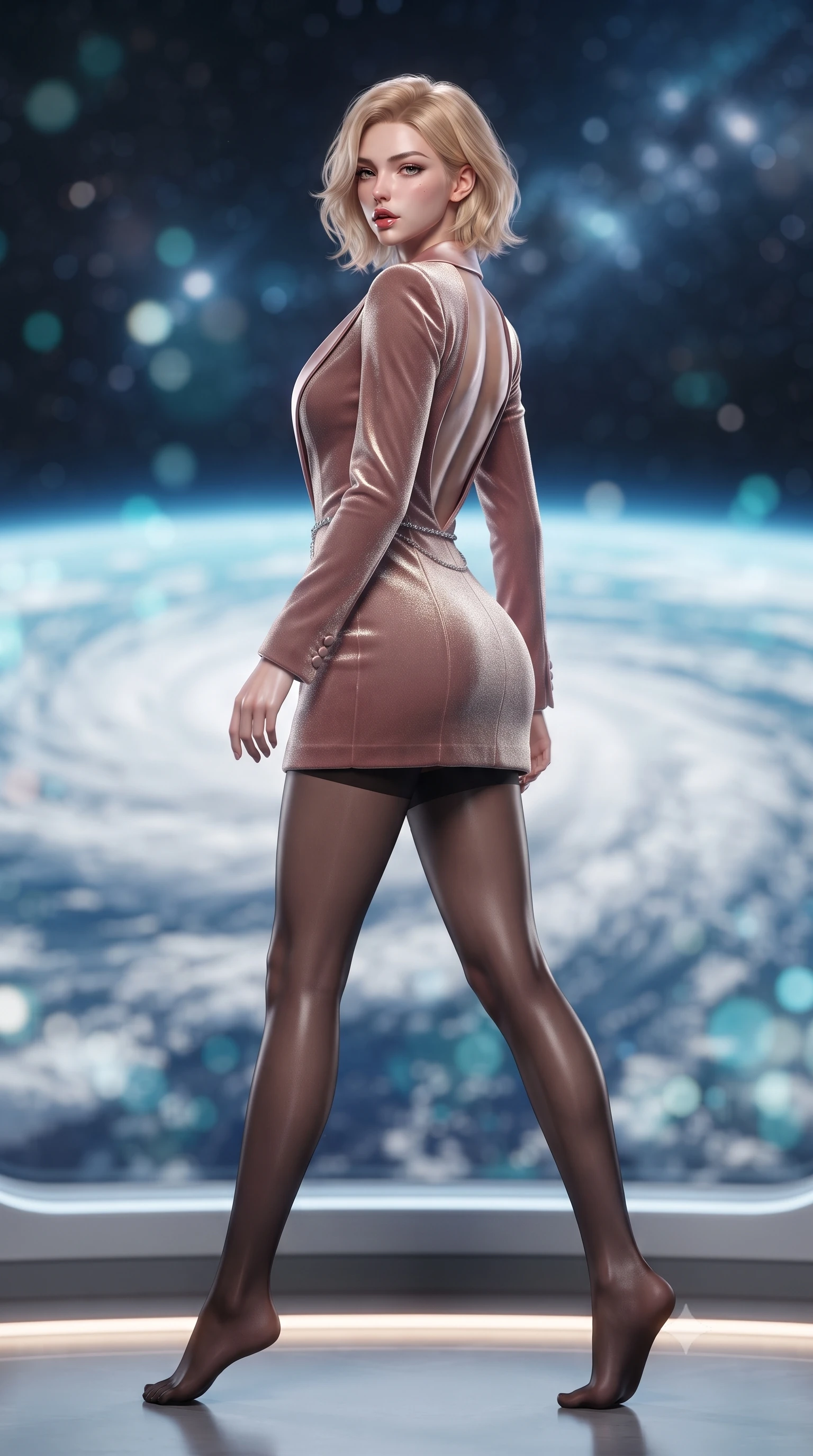 score_9, masterpiece, best quality, ultra-detailed, high-budget anime keyframe, editorial fashion photography, tasteful artistic composition, Caucasian woman. low angle full-body shot from head to toe showing her feet, filling the entire 9:16 vertical frame with her statuesque presence, stretching her vertical silhouette. posing with back turned slightly to the lens, glancing back with smoldering allure as she arches her lower back to emphasize her sculpted feminine hips and slender waist while striding slowly around the orbital sanctuary perimeter, her fluid silk robes clinging to her narrow waist and long slender legs. The composition keeps background elements in soft focus with creamy bokeh. swirling white cloud typhoons on Earth and distant orbital star clusters blurred into ethereal sapphire, turquoise, and pearl bokeh. She has an exceptionally tall and slender model-like 8.5-heads proportion, an ultra-slim waist, a flat toned midriff, narrow delicate ribcage, and beautifully sculpted feminine hips creating a graceful, slim hourglass silhouette without any bulky heaviness, with impossibly long slender legs. sharp v-shaped jawline, high-bridge nose, intricate jewel-like eyes with depth, thick eyelashes, glossy parted lips with a natural sheen, intensely captivating and seductive bedroom-eyes expression, flawlessly proportioned anatomical accuracy, strict slender model proportions, natural body alignment, perfectly sculpted long slender limbs, ultra-slim waistline, clean dynamic posture without body distortion. wearing a tailored velvet tuxedo jacket dress with satin lapels, worn with a deep plunge neckline and gold hip buckle in dusky blush rose and champagne shimmer, crafted from luxurious metallic lamé that shifts radiance with every step, accented with a dainty diamond waist chain catching the ambient light reflections, the dramatically scooped open back descending to the base of her spine, accentuating her razor-sharp statuesque lines and slim hourglass silhouette. bathed in pure, soft sapphire earth-shine from the massive planet below and warm hidden floor lantern glow. ultra-reflective glossy finish, specular highlights, rich textural contrasts, high-contrast stereoscopic depth, volumetric dynamic lighting, 2k, ultra detail, master piece, 9:16 ratio