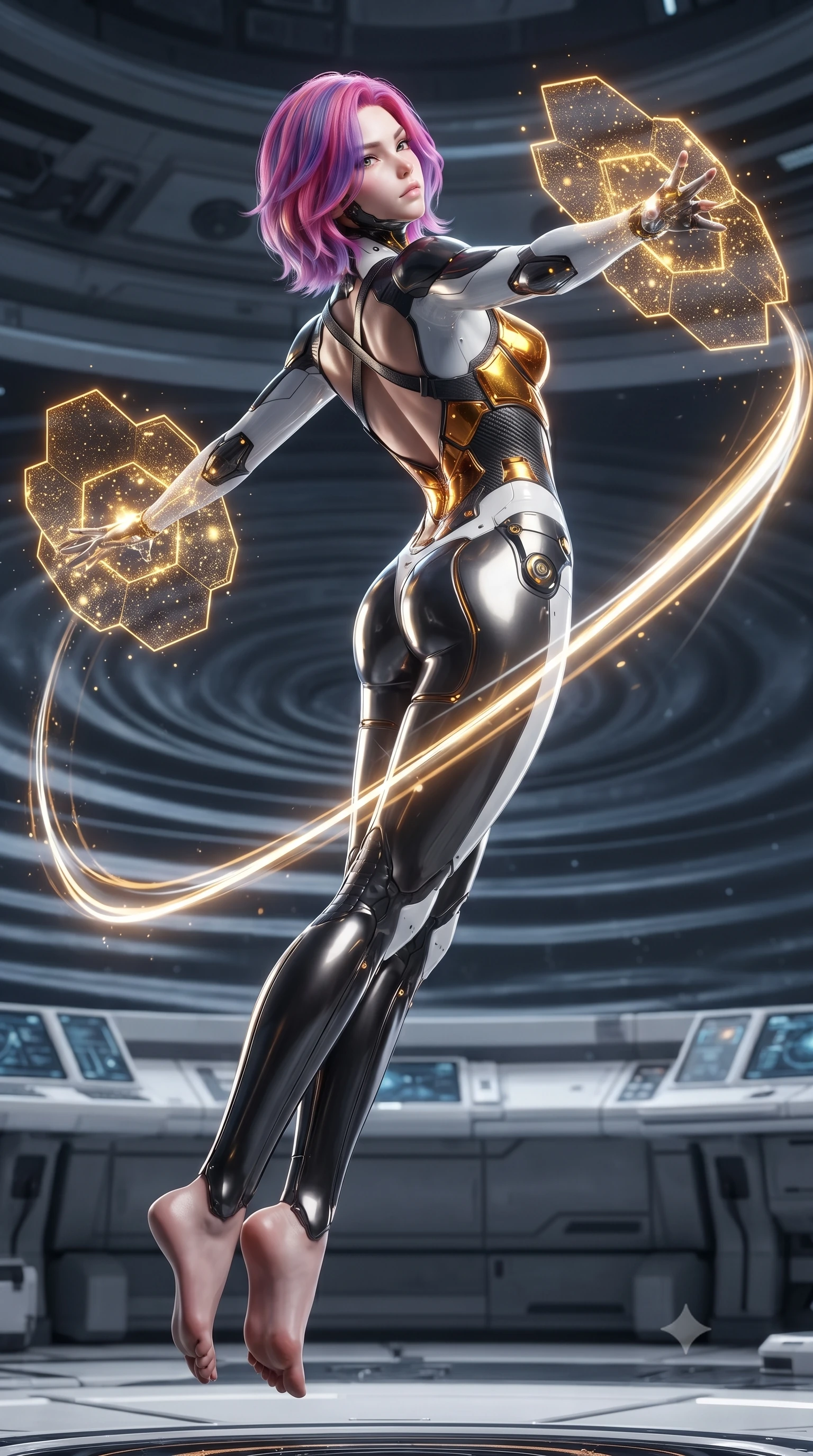 score_9, masterpiece, best quality, ultra-detailed, high-budget anime keyframe, editorial fashion photography, tasteful artistic composition, Caucasian woman. low angle full-body shot from head to toe showing her feet, filling the entire 9:16 vertical frame with her statuesque presence, stretching her vertical silhouette. arching her back gracefully in mid-air during a dynamic combat vault, her weapon energy trail framing her statuesque presence while pivoting dynamically in zero-gravity with arms outstretched as the translucent energy shields pulse with golden particle light. The surrounding environment is rendered in vivid detail and crisp panoramic clarity. intricate carbon exoskeleton joints, gravitational wave distortion ripples, and star consoles in high clarity. She has an absolutely perfect, statuesque 8.5-heads proportion, an exceptionally tall and slender model-like female figure with impossibly long slender legs, a toned flat midriff, and an ultra-slim waist. sharp v-shaped jawline, high-bridge nose, intricate jewel-like eyes with depth, thick eyelashes, glossy lips with a natural sheen, flawlessly proportioned anatomical accuracy, strict slender model proportions, natural body alignment, perfectly sculpted long slender limbs, ultra-slim waistline, clean dynamic posture without body distortion. wearing a high-contrast monochrome white-and-black carbon-composite exoskeleton suit with glowing amber circuitry, deploying floating hexagonal holographic energy shields with sovereign grace in molten amber-gold carbon cuirass with dark titanium weave, crafted from semi-translucent cybernetic carbon-vinyl interwoven with glowing micro-filaments, complemented by criss-cross back harness straps highlighting her completely bare spine, the form-contouring material adhering flawlessly to her sculpted flat midriff and slender torso, emphasizing her long leg lines and perfectly proportioned willowy build. illuminated by intense directional rim lights sharply defining her ultra-slim waist, long legs, and flat midriff. ultra-reflective glossy finish, specular highlights, dark metallic sheen, high-contrast stereoscopic depth, volumetric dynamic lighting, 2k, ultra detail, master piece, 9:16 ratio
