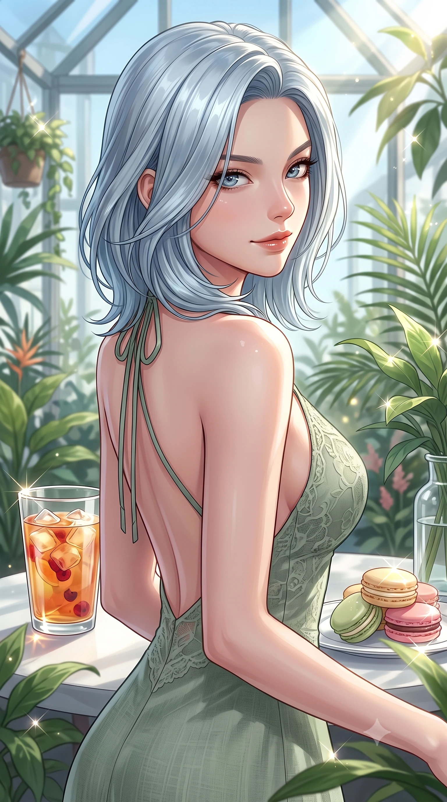 score_9, masterpiece, best quality, ultra-detailed, high-budget anime keyframe, editorial fashion photography, tasteful artistic composition, Korean woman. close-up cowboy shot from the waist and thighs up, the character dominates the composition, filling the frame with her large presence, background elements kept in soft focus. glancing sidelong over her shoulder with an intoxicating, lingering stare and a subtle, knowing smile set against a soft-focus background of inside an exclusive botanical greenhouse with a glass of iced fruit tea and delicate macaron pastries arranged on the table. She has an exceptionally elegant, slender, and willowy female figure with an ultra-slim waist, a gracefully sculpted slender torso, and a refined silhouette. sharp v-shaped jawline, high-bridge nose, intricate jewel-like eyes with depth, thick eyelashes, glossy lips with a natural sheen. wearing tailored sage green delicate lace backless linen halter dress featuring delicate straps and a draped open-back design featuring refined tailored seams. lit by crisp morning sun rays creating sparkling glints on polished glass and water. highly saturated vibrant anime colors, detailed shading with soft gradients, rich glossy textures, high-contrast stereoscopic depth, volumetric dynamic lighting, master piece, 9:16 ratio