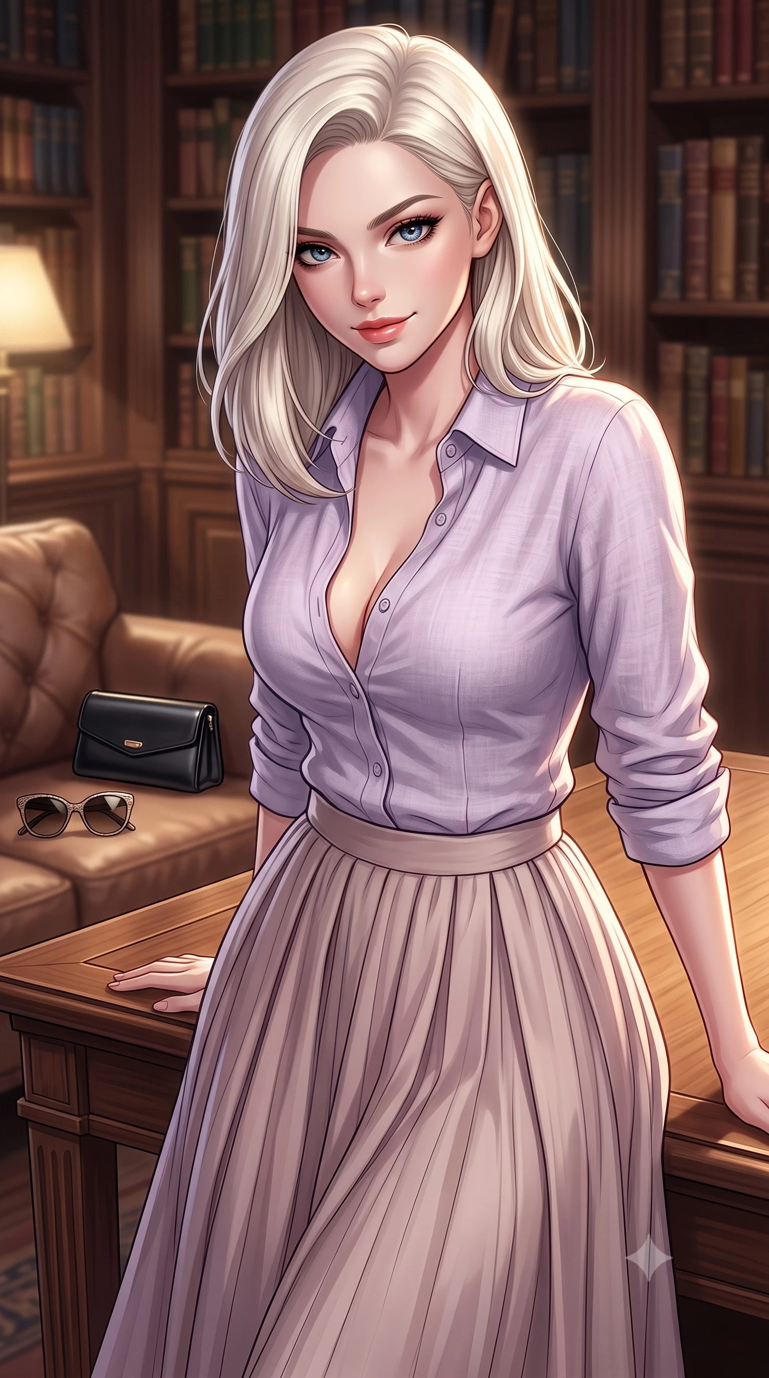 score_9, masterpiece, best quality, ultra-detailed, high-budget anime keyframe, editorial fashion photography, tasteful artistic composition, Caucasian woman. close-up cowboy shot from the waist and thighs up, the character dominates the composition, filling the frame with her large presence, background elements kept in soft focus. leaning slightly forward over the table with a playful, magnetic smile that locks direct eye contact set against a soft-focus background of inside an exclusive historic manor library with a pair of designer sunglasses and a sleek leather clutch bag on the lounger. She has an exceptionally elegant, slender, and willowy female figure with an ultra-slim waist, a gracefully sculpted slender torso, and a refined silhouette. sharp v-shaped jawline, high-bridge nose, intricate jewel-like eyes with depth, thick eyelashes, glossy lips with a natural sheen. wearing form-contouring pale lavender soft linen casual linen button-down shirt paired with a flowy pleated midi skirt featuring refined tailored seams. accented by a single dramatic key light highlighting her statuesque posture and slim waist. highly saturated vibrant anime colors, detailed shading with soft gradients, rich glossy textures, high-contrast stereoscopic depth, volumetric dynamic lighting, master piece, 9:16 ratio
