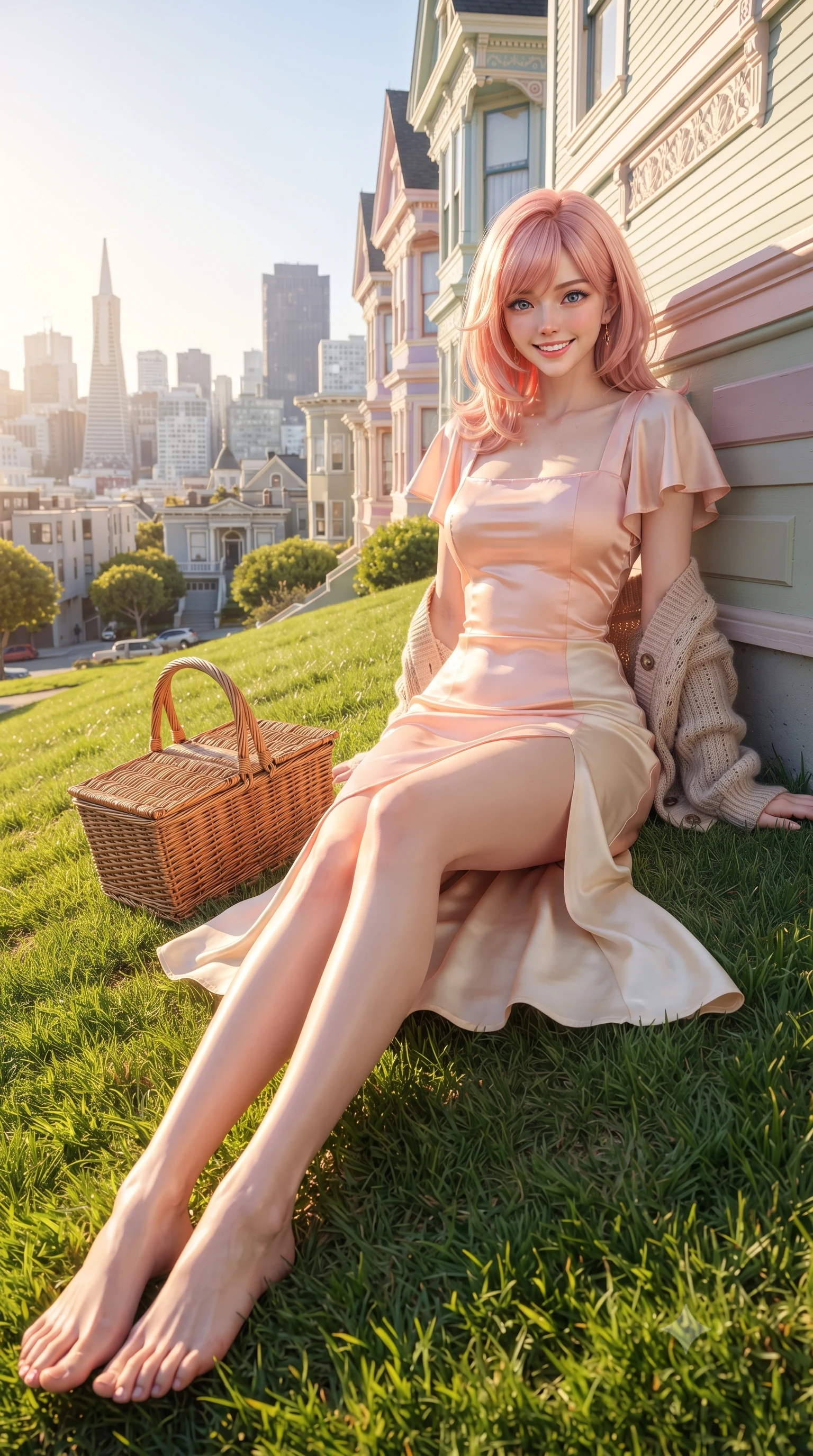 score_9, masterpiece, best quality, ultra-detailed, high-budget anime keyframe, editorial fashion photography, tasteful artistic composition, Japanese woman. low angle full-body shot from head to toe showing her feet, filling the entire 9:16 vertical frame with her statuesque presence, stretching her vertical silhouette. leaning deep against the sunlit architecture with hips cocked back in a cute yet unapologetically alluring high-fashion stance, flashing a warm beaming smile while sitting on a sunlit green grass slope with a wicker picnic basket, arching her lower back with a bright cheerful smile as pastel Painted Ladies Victorians line the view. The surrounding environment is rendered in vivid detail and crisp panoramic clarity. detailed knit cardigan texture, golden sun glints on skin, and San Francisco city skyline clarity in high resolution. She has an exceptionally tall and slender model-like 8.5-heads proportion, an ultra-slim waist, a flat toned midriff, narrow delicate ribcage, and beautifully sculpted feminine hips creating a graceful, slim hourglass silhouette without any bulky heaviness, with impossibly long slender legs. sharp v-shaped jawline, high-bridge nose, intricate jewel-like sparkling eyes with depth, thick eyelashes, glossy parted lips with a natural peach sheen, bright cheerful beaming smile with an enchanting and coquettish sensual glint, exuding both youthful cute charm and seductive allure, flawlessly proportioned anatomical accuracy, strict slender model proportions, natural body alignment, perfectly sculpted long slender limbs, ultra-slim waistline, clean dynamic posture without body distortion. wearing a breezy silk-satin slip dress featuring a thigh-high side slit ascending to the high hip and criss-cross back straps in pastel peach blossom pink and warm champagne ivory, tailored from fine lightweight chiffon that flutters gently in the breeze, featuring elegant flutter sleeves and a graceful square neckline, the liquid-tight tailored fabric clinging flawlessly to her narrow waist and rounded feminine hips, emphasizing every millimeter of her sculpted slim hourglass curves without any bulky heaviness. bathed in brilliant golden hour California sunshine streaming across the hillside. ultra-reflective glossy finish, specular highlights, rich textural contrasts, high-contrast stereoscopic depth, volumetric dynamic lighting, 2k, ultra detail, master piece, 9:16 ratio