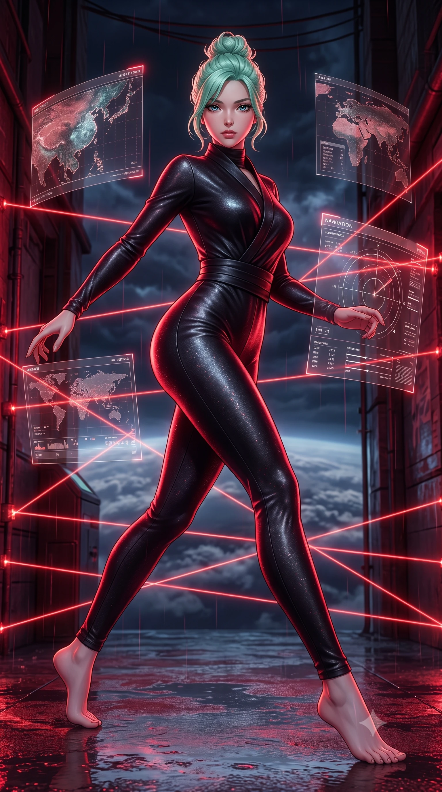 score_9, masterpiece, best quality, ultra-detailed, high-budget anime keyframe, editorial fashion photography, tasteful artistic composition, Japanese woman. low angle full-body shot from head to toe showing her feet, filling the entire 9:16 vertical frame with her statuesque presence, stretching her vertical silhouette. dashing through rain-slicked cyberpunk alleyways, dodging laser tripwires with fluid agility through a data terminal overlooking the upper atmosphere, with weather maps projecting in mid-air. She has a statuesque 8.5-heads proportion, an exceptionally tall, slender and willowy model-like build with impossibly long legs and a highly sculpted ultra-slim waist. sharp v-shaped jawline, high-bridge nose, intricate jewel-like eyes with depth, thick eyelashes, glossy lips with a natural sheen. wearing catching and diffusing the glowing particles, shimmering softly in response to the surrounding light, a body-hugging form-contouring spy jumpsuit in midnight black silk-satin, featuring a high wrap collar and a matching wide waist belt. highly saturated vibrant anime colors, intense vivid color palette, soft 3D volumetric shading, volumetric dynamic lighting, deep crimson theatrical lighting with sharp specular highlights on every curve. 2k, ultra detail, master piece, 9:16 ratio