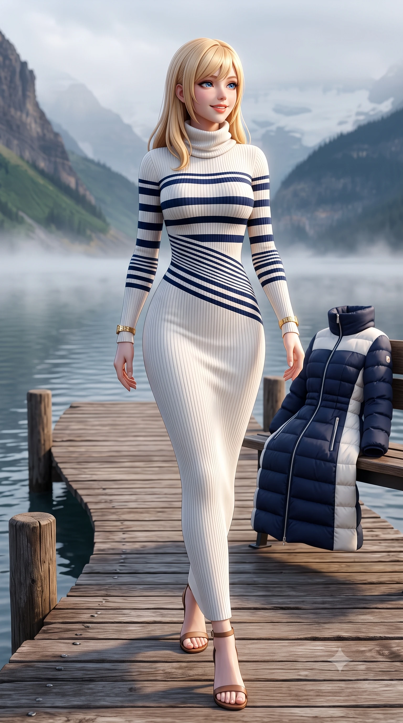 score_9, masterpiece, best quality, ultra-detailed, high-budget anime keyframe, semi-realistic 3D game render, editorial fashion photography, tasteful artistic composition, Caucasian woman. low angle full-body shot from head to toe showing her feet, filling the entire 9:16 vertical frame with her statuesque presence, stretching her vertical silhouette. stepping forward in a confident stride, her long slender legs and curvaceous hips creating a dynamic, sweeping vertical line while leaning against the rustic timber pier railing, watching mist dance across the lake surface with tranquil poetic charm. The surrounding environment is rendered in vivid detail and crisp panoramic clarity: detailed quilted down-tailored coat quilting, high funnel neck collar, and alpine lakeside topography in high resolution. She has an exceptionally tall and slender model-like 8.5-heads proportion, an ultra-slim waist, a flat toned midriff, narrow delicate ribcage, and beautifully sculpted feminine hips creating a graceful, slim hourglass silhouette without any bulky heaviness, with impossibly long slender legs. sharp v-shaped jawline, high-bridge nose, intricate jewel-like sparkling eyes with depth, thick eyelashes, glossy parted lips with a natural peach sheen, bright cheerful beaming smile with an enchanting and coquettish sensual glint, exuding both youthful cute charm and seductive allure, flawlessly proportioned anatomical accuracy, strict slender model proportions, natural body alignment, perfectly sculpted long slender limbs, ultra-slim waistline, clean dynamic posture without body distortion. wearing a form-contouring ribbed knit bodycon maxi dress in snow ivory with a cozy high cowl-neck hugging every curve in French navy blue and crisp alabaster white, woven from fluid liquid silk jersey that clings smoothly to her narrow waist and rounded hips with a dewy sheen, accented with delicate golden wrist cuffs reflecting warm chandelier light, the snug waist-cinching tailoring accentuating her ultra-slim waistline and the enchanting curve of her feminine hips with alluring seductive charm. illuminated by frosted ground bounce and sharp crystalline rim lights defining her features, narrow waist, and statuesque height. highly saturated vibrant anime colors, detailed shading with soft gradients, rich glossy textures, high-contrast stereoscopic depth, volumetric dynamic lighting, master piece, 9:16 ratio