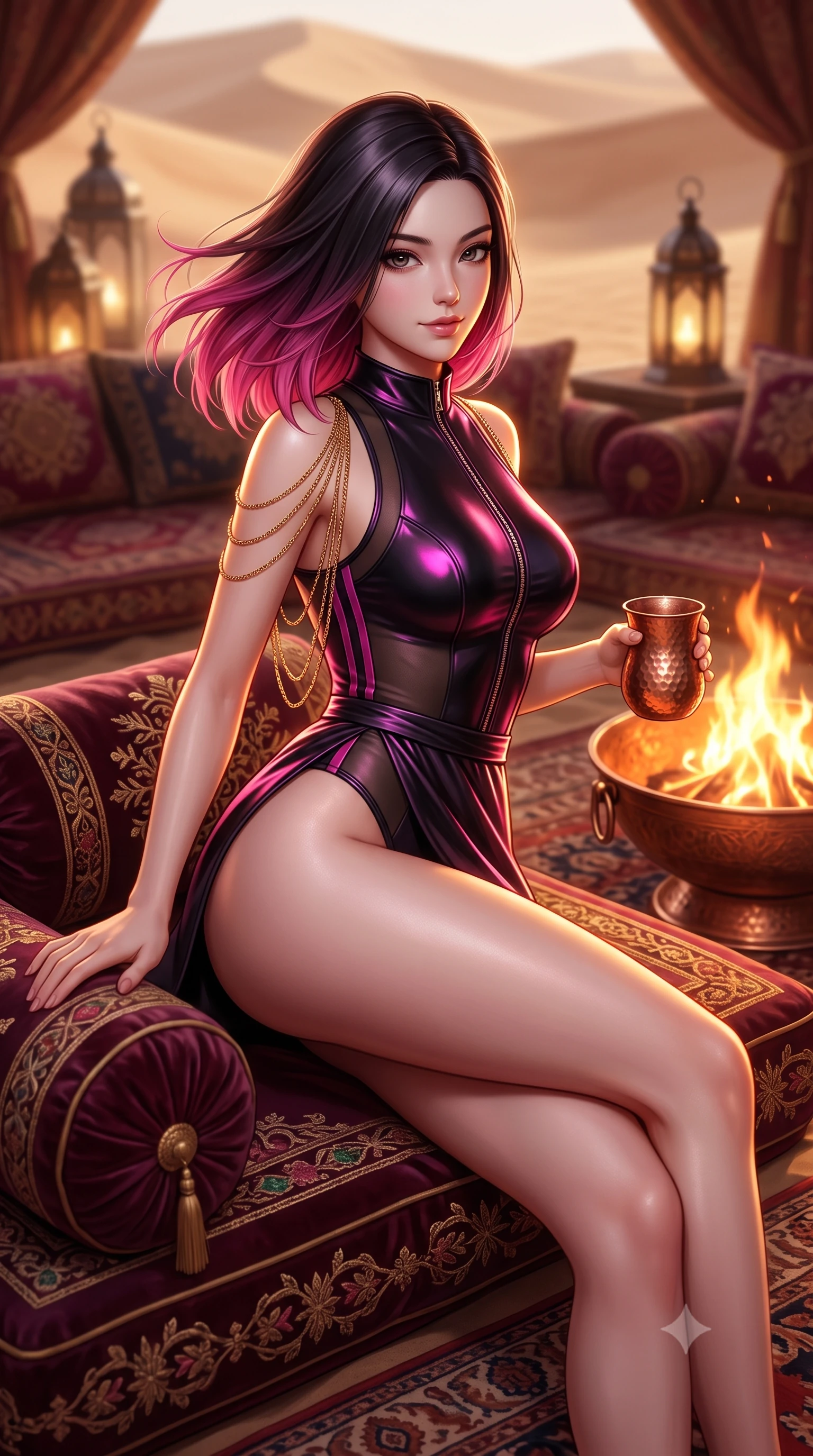 score_9, masterpiece, best quality, ultra-detailed, high-budget anime keyframe, semi-realistic 3D game render, editorial fashion photography, tasteful artistic composition, Korean woman. close-up cowboy shot from the waist and thighs up, the character dominates the composition, filling the frame with her large presence. turning slowly with an enchanting smoldering smile, her glossy hair tossing in the breeze as her hips angle gracefully in a captivating contrapposto while lounging gracefully across the low embroidered velvet majlis seating, arching her lower back to emphasize her curvy hips beside the roaring copper fire bowl. The background shows a soft-focus embroidered velvet bolsters softened in romantic desert safari shallow focus. She has an exceptionally elegant, slender, and willowy female figure with an ultra-slim waist, flat toned midriff, narrow ribcage, and sculpted feminine hips creating an alluring, slim hourglass silhouette without bulk. sharp v-shaped jawline, high-bridge nose, sparkling eyes with hypnotic seductive depth, thick curled eyelashes, glossy parted lips with a natural dewy peach sheen, alluring bedroom-eyes with an enchanting coquettish smile, exuding magnetic siren charisma and sophisticated glamour, flawlessly proportioned anatomical accuracy, strict slender model proportions, natural body alignment, perfectly sculpted long slender limbs, ultra-slim waistline, clean dynamic posture without body distortion. wearing a form-contouring wet-look neoprene zip-front maillot with high-cut leg openings and racing side stripes in wet-look onyx black with electric magenta reflections, made of semi-opaque stretch illusion mesh with soft shadowy contours, accented with an open-back drape framed by falling strands of delicate gold chains, the high-slit wrap tailoring accentuating her ultra-slim waistline and the enchanting curve of her feminine hips with alluring seductive charm. illuminated by hammered copper bowl reflection bounce and sharp flame-gold rim lights defining her razor-sharp jawline, narrow waist, and curvy hips. highly saturated vibrant anime colors, detailed shading with soft gradients, rich glossy textures, high-contrast stereoscopic depth, volumetric dynamic lighting, master piece, 9:16 ratio