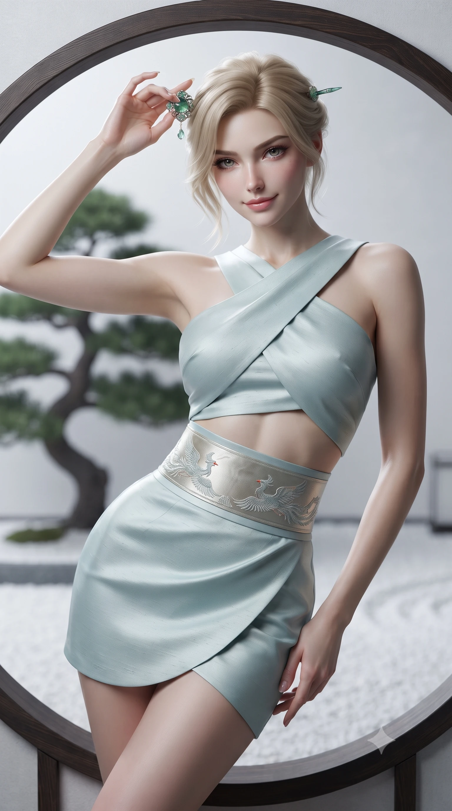 score_9, masterpiece, best quality, ultra-detailed, high-budget anime keyframe, editorial fashion photography, tasteful artistic composition, Caucasian woman. close-up cowboy shot from the waist and thighs up, the character dominates the composition, filling the frame with her large presence. tilting her head with an alluring smile while arching her spine with dancer poise, one hand touching her ornate jade hairpin in a flirtatious S-curve while leaning against the circular timber frame with hips cocked back, looking into the lens with an enchanting, tranquil bedroom-gaze. The background shows a soft-focus a single sculpted Japanese black pine silhouette softened in contemplative minimalist Zen shallow focus. She has an exceptionally elegant, slender, and willowy female figure with an ultra-slim waist, flat toned midriff, narrow ribcage, and sculpted feminine hips creating an alluring, slim hourglass silhouette without bulk. sharp v-shaped jawline, high-bridge nose, intricate jewel-like dark sparkling almond eyes with depth, thick lashes, glossy parted lips with a natural rose-plum sheen, bright alluring and coquettish smile with bedroom-eyes, exuding both timeless oriental elegance and sovereign high-fashion allure, flawlessly proportioned anatomical accuracy, strict slender model proportions, natural body alignment, perfectly sculpted long slender limbs, ultra-slim waistline, clean dynamic posture without body distortion. wearing a sleek two-piece set featuring an asymmetric cross-over crop top and a wrap-around micro skirt tracing her hips in pure celadon porcelain blue and cloud white, tailored from smooth celadon raw silk with natural organic slub texture, finished with a wide metallic obi sash with intricate embroidered phoenix motifs, the glove-like silhouette tightly following the natural contour of her hips and long slender legs with youthful 8.5-heads elegance. illuminated by white gravel bounce fill and sharp crystalline platinum rim lighting sculpting her razor-sharp jawline, narrow waist, and curvy hips. ultra-reflective glossy finish, specular highlights, rich textural contrasts, high-contrast stereoscopic depth, volumetric dynamic lighting, 2k, ultra detail, master piece, 9:16 ratio