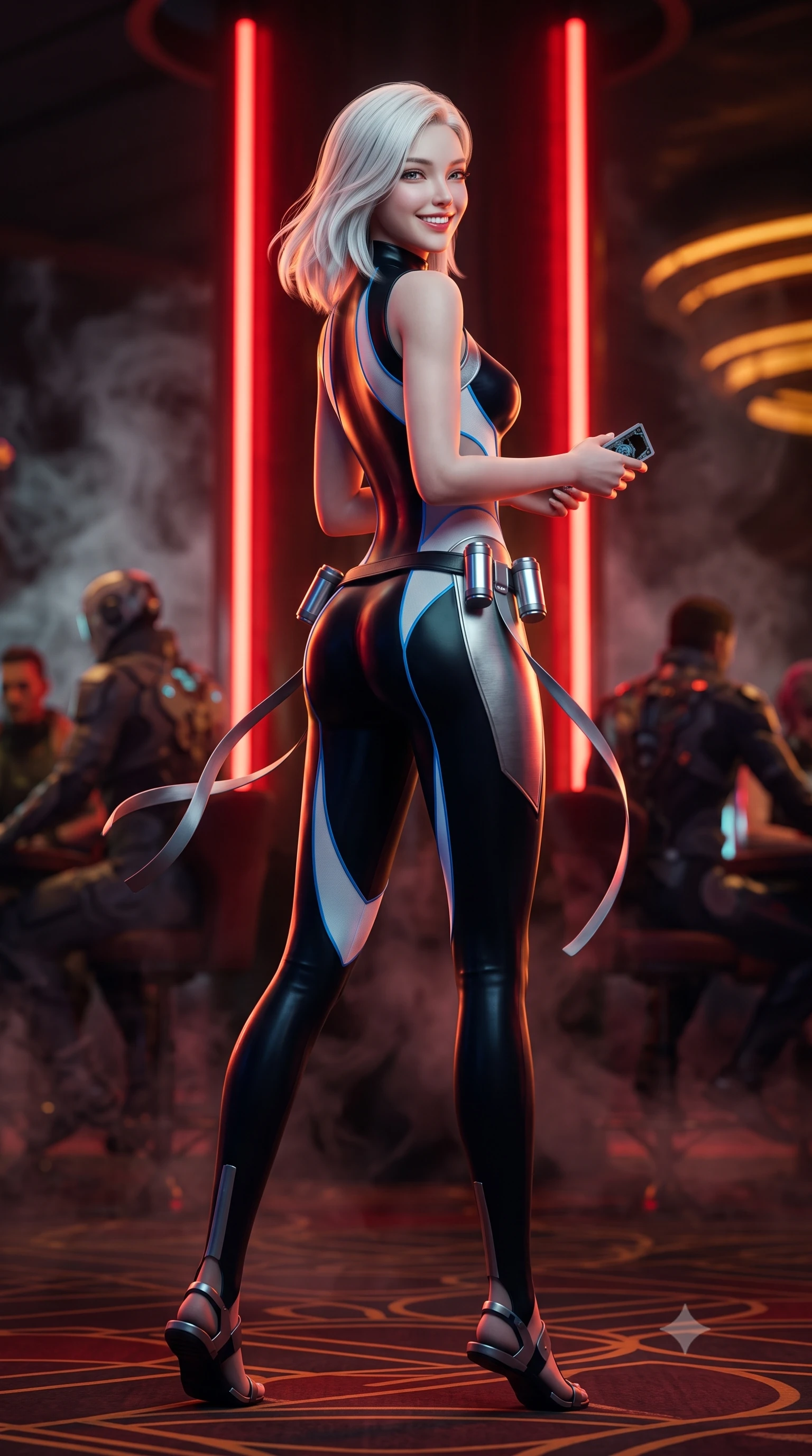 score_9, masterpiece, best quality, ultra-detailed, high-budget anime keyframe, semi-realistic 3D game render, editorial fashion photography, tasteful artistic composition, Korean woman. low angle full-body shot from head to toe showing her feet, filling the entire 9:16 vertical frame with her statuesque presence, stretching her vertical silhouette. executing a cheerful mid-motion pivot turn as her tactical belt and ribbons flutter around her slender legs, glancing over her shoulder with an intoxicating, teasing bedroom-gaze while standing poised between soaring red neon columns with hips cocked, holding an electronic card deck while casting a smoldering, sovereign gaze. The background shows a soft-focus dark patrons in cybernetic suits and swirling atmospheric vapors softened in gritty high-stakes casino shallow focus. She has an absolutely perfect, statuesque 8.5-heads proportion, an exceptionally tall and slender model-like female figure with impossibly long slender legs, an ultra-slim waist, a flat toned midriff, narrow delicate ribcage, and beautifully sculpted feminine hips creating a graceful, slim hourglass silhouette without any bulky heaviness. sharp v-shaped jawline, high-bridge nose, intricate jewel-like sparkling eyes with depth, thick eyelashes, glossy parted lips with a natural sheen, bright confident smile with an enchanting and coquettish sensual glint, exuding both youthful magnetic charm and sovereign high-tech allure, flawlessly proportioned anatomical accuracy, strict slender model proportions, natural body alignment, perfectly sculpted long slender limbs, ultra-slim waistline, clean dynamic posture without body distortion. wearing a sleeveless high-collar cyber pilot suit in liquid-look obsidian jersey with strategic sheer ventilation panels in arctic snowflake white and electric plasma blue, tailored from brushed aeronautical titanium alloy with matte satin sheen, accented with a sleek utility belt with polished magnetic canisters resting loosely on her curvy hips, the high-waisted tailoring accentuating her ultra-slim waistline and the enchanting curve of her feminine hips with alluring dark charm. bathed in intense crimson and deep amber low-key neon accent lighting. highly saturated vibrant anime colors, detailed shading with soft gradients, rich glossy textures, high-contrast stereoscopic depth, volumetric dynamic lighting, master piece, 9:16 ratio