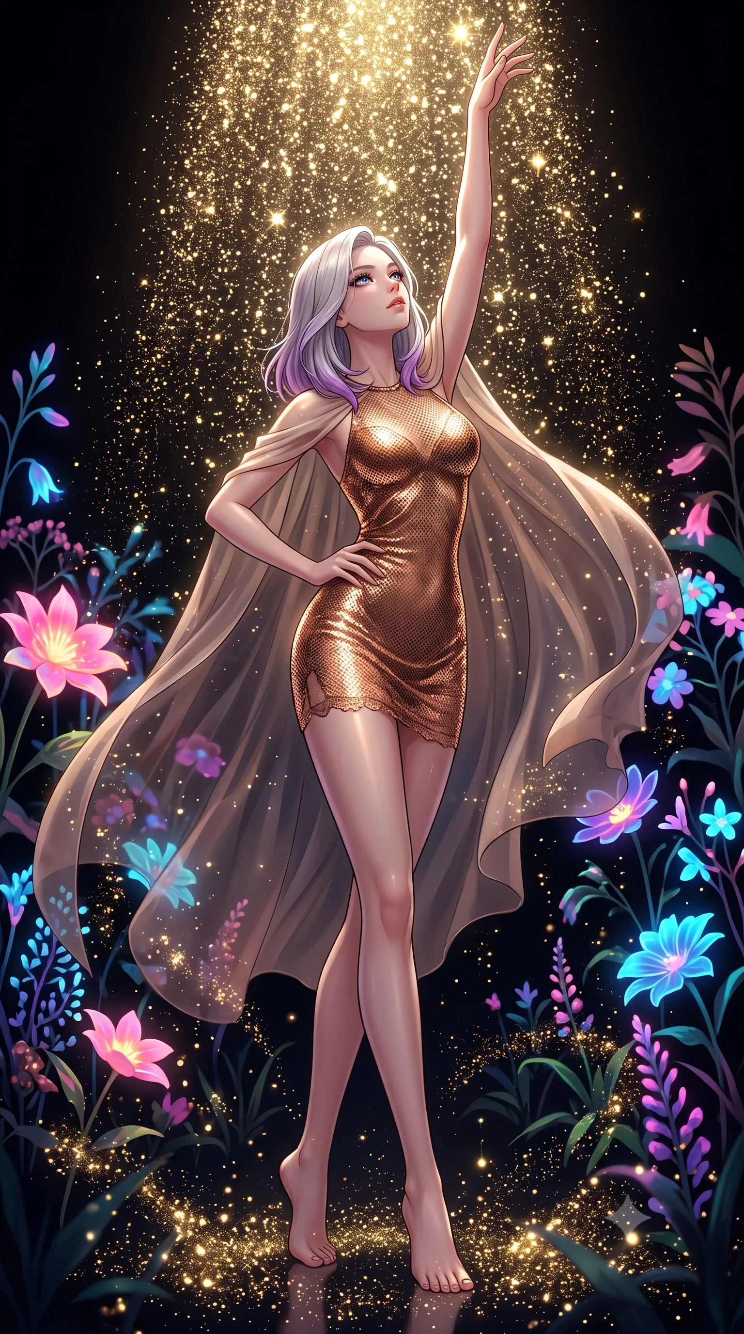 score_9, masterpiece, best quality, ultra-detailed, High-budget Anime Keyframe, Caucasian woman, strictly human ears. Dynamic full-body shot stretching the vertical silhouette to the limit. Scenario 491: showering under a cascade of glittering gold stardust inside a virtual garden where neon flowers bloom in the dark. Her presence is magnetic and overpowering in this high-budget anime scene. Outfit 491: a form-contouring metallic copper micro-mesh lace mini dress draped with a semi-transparent chiffon cape. The clothing is designed to emphasize her exceptionally tall and slender 8-heads proportion. 8-heads proportion, towering silhouette, ultra-slim waist. sharp v-shaped jawline, intricate jewel-like eyes with depth, thick eyelashes, glossy lips. 2k, ultra detail, master piece, 9:16 ratio