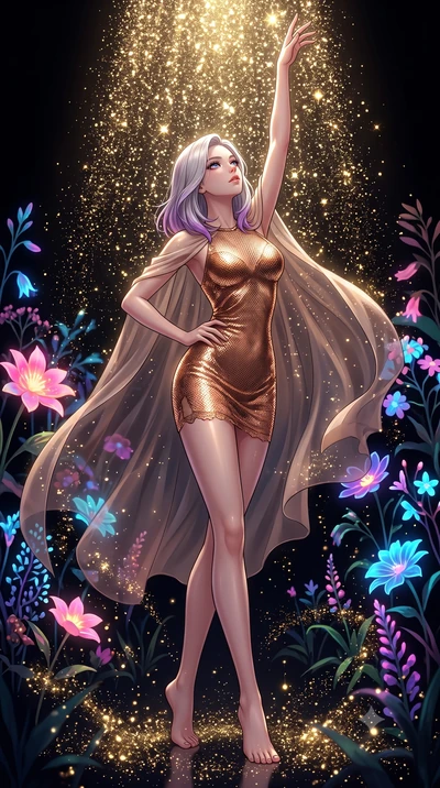score_9, masterpiece, best quality, ultra-detailed, High-budget Anime Keyframe, Caucasian woman, strictly human ears. Dynamic full-body shot stretching the vertical silhouette to the limit. Scenario 491: showering under a cascade of glittering gold s
