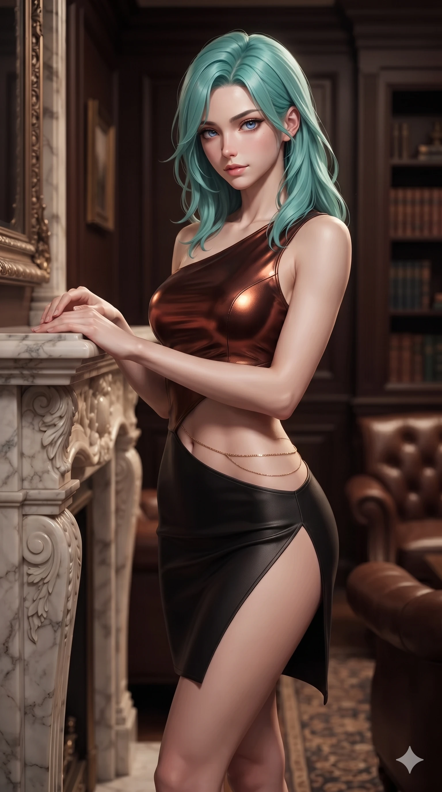 score_9, masterpiece, best quality, ultra-detailed, high-budget anime keyframe, editorial fashion photography, tasteful artistic composition, Japanese woman. close-up cowboy shot from the waist and thighs up, the character dominates the composition, filling the frame with her large presence. standing poised beside a towering marble fireplace with hips cocked back, casting an alluring, sovereign gaze toward the viewer while resting both hands on the carved mantelpiece, arching her spine to highlight her narrow waist, flat midriff, and breathtaking collarbones. The background shows a soft-focus exclusive private gentlemen's club atmosphere softened in aristocratic parlor shallow focus. She has an exceptionally elegant, slender, and willowy female figure with an ultra-slim waist, flat toned midriff, narrow ribcage, and sculpted feminine hips creating an alluring, slim hourglass silhouette without bulk. sharp v-shaped jawline, high-bridge nose, intricate jewel-like dark sparkling eyes with dangerous depth, thick curled eyelashes, glossy parted lips with a rich wine sheen, smoldering seductive half-smile with bedroom-eyes, exuding effortless superiority and intoxicating dark allure, flawlessly proportioned anatomical accuracy, strict slender model proportions, natural body alignment, perfectly sculpted long slender limbs, ultra-slim waistline, clean dynamic posture without body distortion. wearing an asymmetric one-shoulder metallic patent leather mini dress with a dramatic side slit hugging her hips in dark burnt copper and matte black, tailored from fine lightweight midnight wool crepe with crisp architectural structure, accented with a dainty gold belly chain resting across her flat midriff and curving hips, the form-fitting cut adhering flawlessly to her sculpted flat midriff and slender torso, emphasizing her long leg lines and perfectly proportioned willowy build. illuminated by focused key lighting and warm champagne rim light sculpting her razor-sharp jawline, narrow waist, and curvy hips. ultra-reflective glossy finish, specular highlights, rich textural contrasts, high-contrast stereoscopic depth, volumetric dynamic lighting, 2k, ultra detail, master piece, 9:16 ratio