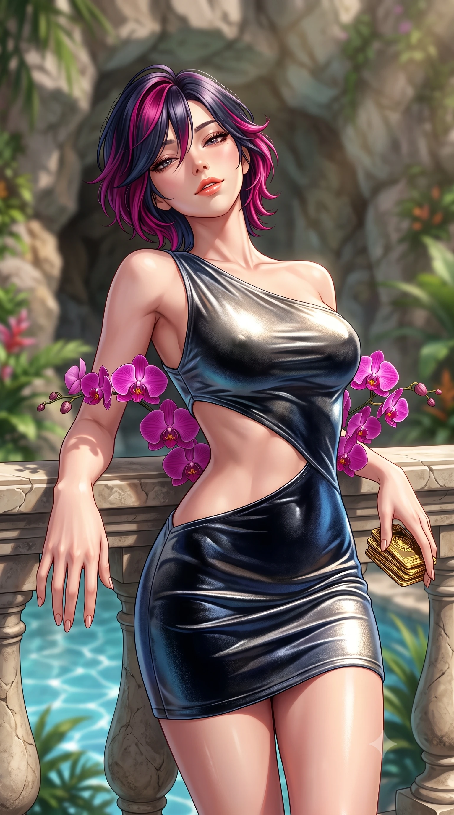 score_9, masterpiece, best quality, ultra-detailed, high-budget anime keyframe, semi-realistic 3D game render, editorial fashion photography, tasteful artistic composition, Korean woman. close-up cowboy shot from the waist and thighs up, the character dominates the composition, filling the frame with her large presence. leaning back against the balustrade with relaxed seductive grace, head tilted back slightly while casting a hypnotic, heavy-lidded gaze while twisting her slender torso in an alluring S-curve, exotic magenta orchids framing her sculpted flat midriff, waist, and curvy hips. The background shows a soft-focus natural rock grottos softened in lush tropical paradise shallow focus. She has an exceptionally elegant, slender, and willowy female figure with an ultra-slim waist, flat toned midriff, narrow ribcage, and sculpted feminine hips creating an alluring, slim hourglass silhouette without bulk. sharp v-shaped jawline, high-bridge nose, sparkling eyes with hypnotic seductive depth, thick curled eyelashes, glossy parted lips with a natural dewy peach sheen, alluring bedroom-eyes with an enchanting coquettish smile, exuding magnetic siren charisma and sophisticated glamour, flawlessly proportioned anatomical accuracy, strict slender model proportions, natural body alignment, perfectly sculpted long slender limbs, ultra-slim waistline, clean dynamic posture without body distortion. wearing an asymmetric one-shoulder metallic cocktail mini dress with a dramatic side cutout hugging her waist and hips in molten liquid platinum and midnight charcoal with sapphire reflections, tailored from ultra-plush velvet with rich tactile depth and deep shadow gradients, accented with a stack of engraved gold casino plaques held loosely in one hand, the form-contouring silhouette accentuating her sculpted flat midriff, narrow delicate ribcage, and gracefully curvy hips with intoxicating allure. bathed in diffused tropical greenhouse sunlight mixed with pool water caustic bounce. highly saturated vibrant anime colors, detailed shading with soft gradients, rich glossy textures, high-contrast stereoscopic depth, volumetric dynamic lighting, master piece, 9:16 ratio