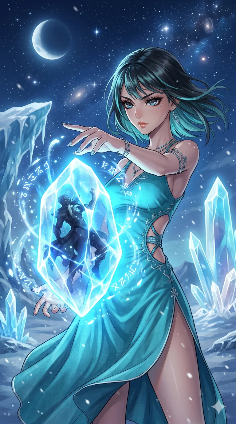 score_9, masterpiece, best quality, ultra-detailed, High-budget Anime Keyframe, beautiful Japanese anime girl. Upper body close-up from the thighs up, character filling the screen for maximum presence. Sealing her enemy inside a giant, transparent crystal that glows with eternal blue light. She has an absolutely perfect 8-heads proportion, an exceptionally tall and slender female figure with impossibly long slender legs and an ultra-slim waist. Sharp v-shaped jawline, high-bridge nose, intricate jewel-like eyes with depth, thick eyelashes, glossy lips with a natural sheen. Wearing a Seasonal/Resort outfit: turquoise linen sundress with side cut-outs and a high side slit. Background is a frozen wasteland with giant crystals and a clear starry sky. 2k, ultra detail, master piece, 9:16 ratio
