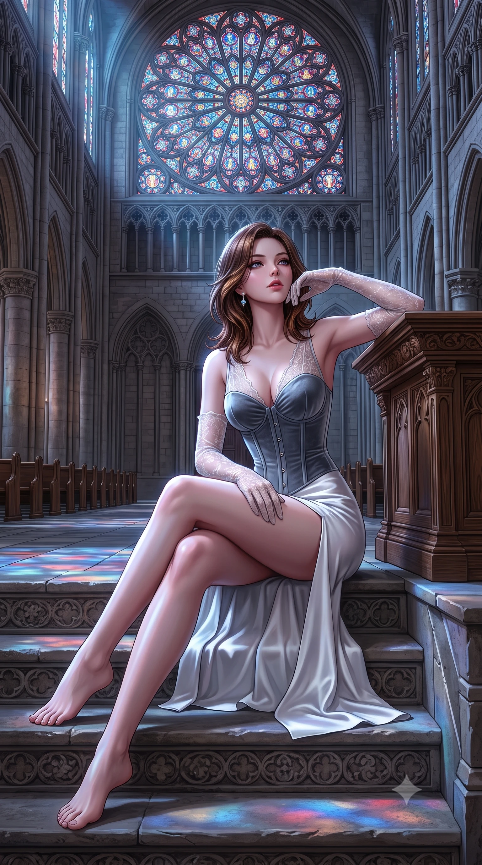 score_9, masterpiece, best quality, ultra-detailed, high-budget anime keyframe, semi-realistic 3D game render, editorial fashion photography, tasteful artistic composition, Korean woman. low angle full-body shot from head to toe showing her feet, filling the entire 9:16 vertical frame with her statuesque presence, stretching her vertical silhouette. sitting poised on the stone steps with one knee bent, arching her spine with supermodel elegance as she glances upward through thick eyelashes while leaning against the carved oak console with hips cocked back, looking down into the vast empty nave with smoldering bedroom-eyes. The surrounding environment is rendered in vivid detail and crisp panoramic clarity: detailed sheer mesh lace leotard weave, sparkling diamond earrings, and monumental gothic masonry in razor-sharp precision. She has an absolutely perfect, statuesque 8.5-heads proportion, an exceptionally tall and slender model-like female figure with impossibly long slender legs, an ultra-slim waist, a flat toned midriff, narrow delicate ribcage, and beautifully sculpted feminine hips creating a graceful, slim hourglass silhouette without any bulky heaviness. sharp v-shaped jawline, high-bridge nose, sparkling eyes with hypnotic seductive depth, thick curled eyelashes, glossy parted lips with a natural dewy peach sheen, alluring bedroom-eyes with an enchanting coquettish smile, exuding magnetic siren charisma and sophisticated glamour, flawlessly proportioned anatomical accuracy, strict slender model proportions, natural body alignment, perfectly sculpted long slender limbs, ultra-slim waistline, clean dynamic posture without body distortion. wearing a plunging sweetheart-neckline boned velvet underbust corset over a sheer spiderweb lace camisole and high-slit satin skirt in architectural titanium grey and pure milk white, crafted from fluid liquid silk satin that clings smoothly to every curve with a dewy sheen, complemented by sheer opera-length lace evening gloves tracing her slender arms, the second-skin tailored fabric adhering flawlessly to her sculpted flat midriff and slender torso, emphasizing her long leg lines and perfectly proportioned willowy build. bathed in ethereal jewel-toned moonlight filtering through the colossal stained-glass rose window. highly saturated vibrant anime colors, detailed shading with soft gradients, rich glossy textures, high-contrast stereoscopic depth, volumetric dynamic lighting, master piece, 9:16 ratio