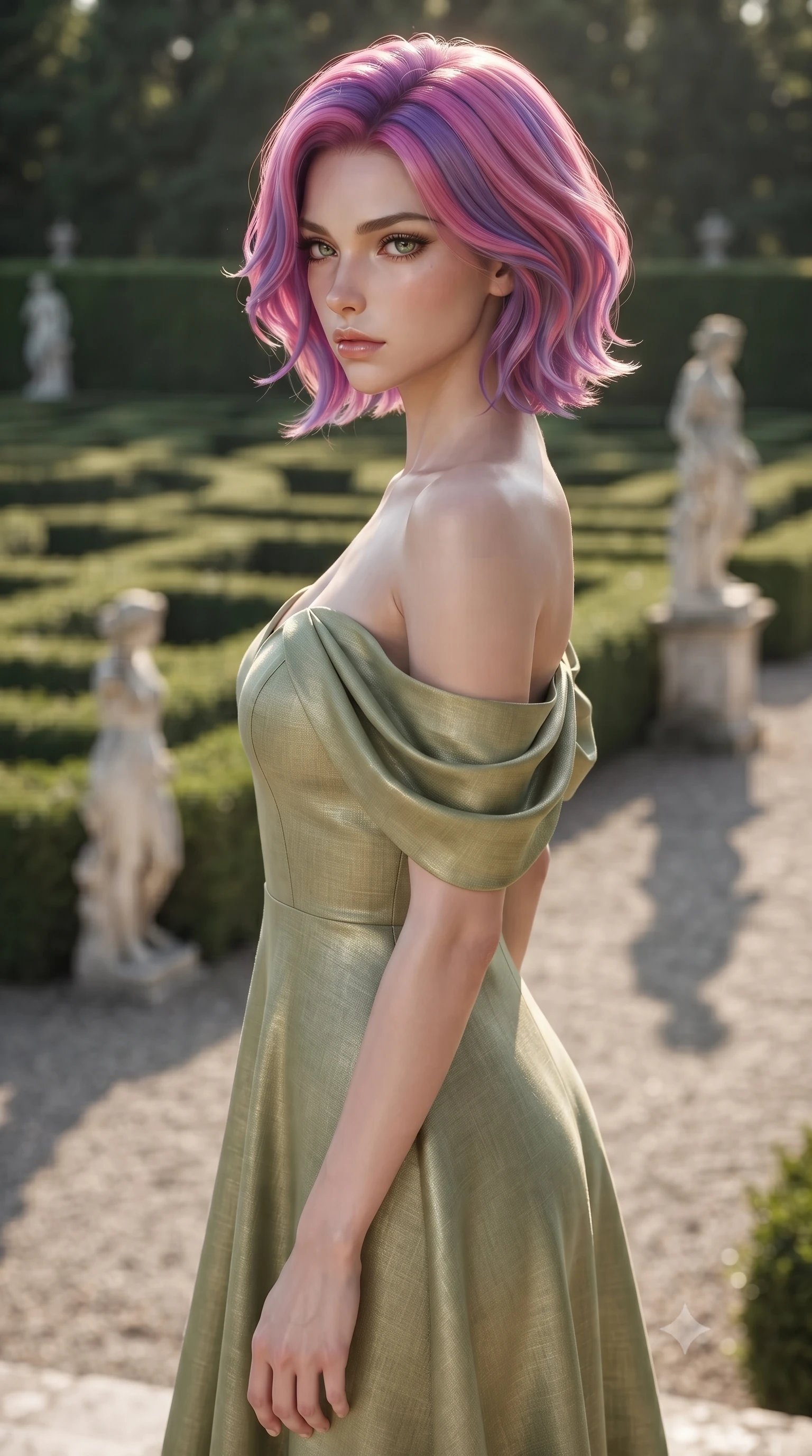 score_9, masterpiece, best quality, ultra-detailed, high-budget anime keyframe, editorial fashion photography, tasteful artistic composition, Caucasian woman woman. close-up cowboy shot from the waist and thighs up, the character dominates the composition, filling the frame with her large presence, background elements kept in soft focus. turning her face in sharp profile, casting a cold, mysterious, yet intensely sensual side gaze the background shows a soft-focus a garden with structured hedge mazes, marble statues, and gravel paths of an old estate. She has an exceptionally elegant, slender, and willowy female figure with an ultra-slim waist, a gracefully sculpted slender torso, and a refined silhouette. sharp v-shaped jawline, high-bridge nose, intricate jewel-like eyes with depth, thick eyelashes, glossy lips with a natural sheen. wearing a tailored flowy off-shoulder linen sundress in light olive green, draped softly over her shoulders. soft morning sunrays casting elegant shadows of the statues and hedges. ultra-reflective glossy finish, specular highlights, metallic sheen, high-contrast stereoscopic depth, volumetric dynamic lighting, 2k, ultra detail, master piece, 9:16 ratio