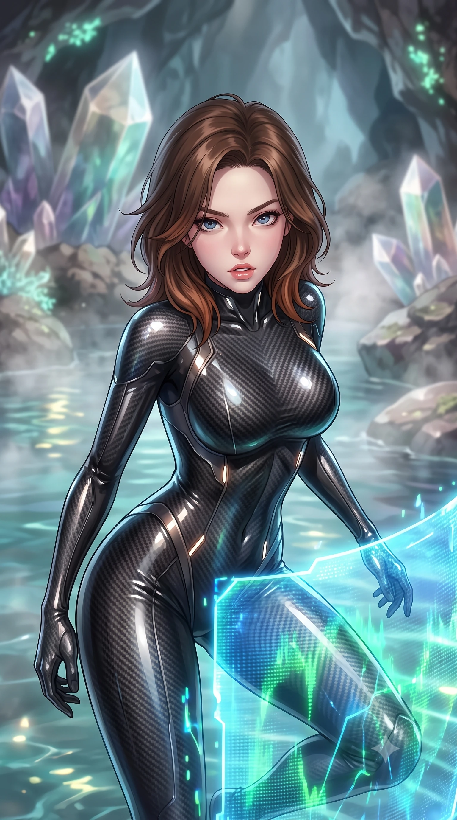 score_9, masterpiece, best quality, ultra-detailed, high-budget anime keyframe, editorial fashion photography, tasteful artistic composition, Korean woman. close-up cowboy shot from the waist and thighs up, the character dominates the composition, filling the frame with her large presence, background elements kept in soft focus. crouching slightly behind a glowing holographic shield emitter, looking up with defiance and lips slightly parted, the background shows a soft-focus a mineral water pool inside a geode cave, with steam rising around rocks. She has an exceptionally elegant, slender, and willowy female figure with an ultra-slim waist, a gracefully sculpted slender torso, and a refined silhouette. sharp v-shaped jawline, high-bridge nose, intricate jewel-like eyes with depth, thick eyelashes, glossy lips with a natural sheen. wearing a body-hugging skin-tight carbon-fiber pattern pilot bodysuit with a high-gloss finish, tracing every contour of her slender silhouette. soft flickering light from glowing lichen reflecting off the water surface. highly saturated vibrant anime colors, detailed shading with soft gradients, rich glossy textures, high-contrast stereoscopic depth, volumetric dynamic lighting, master piece, 9:16 ratio