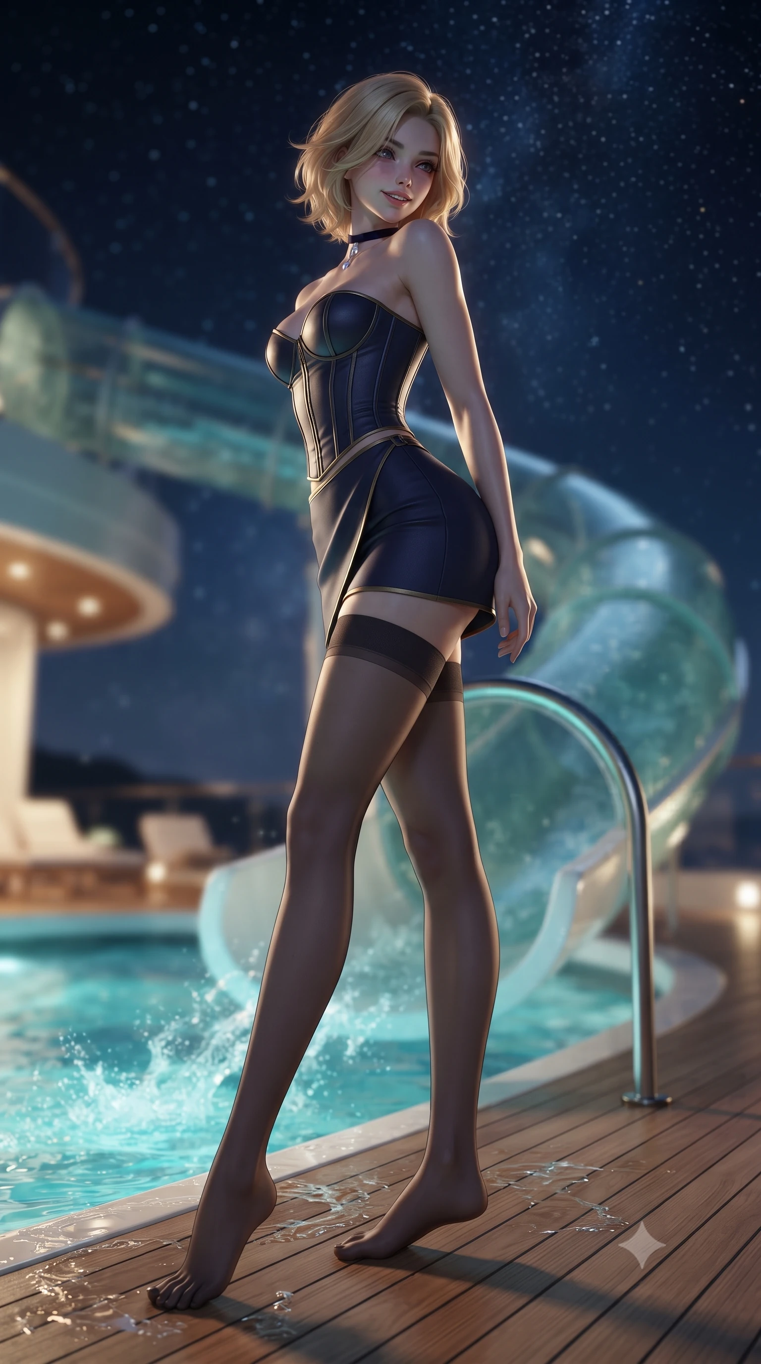 score_9, masterpiece, best quality, ultra-detailed, high-budget anime keyframe, editorial fashion photography, tasteful artistic composition, Caucasian woman. low angle full-body shot from head to toe showing her feet, filling the entire 9:16 vertical frame with her statuesque presence, stretching her vertical silhouette. executing a slow, graceful pivot turn as her skirt sways around her slender legs, glancing back with an enchanting, teasing sensual expression while standing poised on the upper teak launch deck of the curved outdoor waterslide, arching her back with playful supermodel glamour above the pool. The background shows a soft-focus illuminated freshwater plunge pool, curved translucent waterslide tube, and vast lagoon under a starry sky blurred into turquoise, navy, and gold bokeh. She has an absolutely perfect, statuesque 8.5-heads proportion, an exceptionally tall and slender model-like female figure with impossibly long slender legs, an ultra-slim waist, a flat toned midriff, narrow delicate ribcage, and beautifully sculpted feminine hips creating a graceful, slim hourglass silhouette without any bulky heaviness. sharp v-shaped jawline, high-bridge nose, sparkling eyes with hypnotic seductive depth, thick curled eyelashes, glossy parted lips with a natural dewy peach sheen, alluring bedroom-eyes with an enchanting coquettish smile, exuding magnetic siren charisma and sophisticated glamour, flawlessly proportioned anatomical accuracy, strict slender model proportions, natural body alignment, perfectly sculpted long slender limbs, ultra-slim waistline, clean dynamic posture without body distortion. wearing a structured boned leatherette corset bodice paired with an ultra-short micro-wrap mini skirt and sheer thigh-high stockings in Austrian opera midnight indigo and antique brass, tailored from fine structural neoprene with crisp architectural edges and smooth contouring, finished with a thin velvet ribbon choker and a single teardrop diamond pendant, the high-slit wrap tailoring accentuating her ultra-slim waistline and the enchanting curve of her feminine hips with alluring seductive charm. illuminated by splashing water spray caustics and sharp platinum-gold rim lights sculpting her jawline, flat midriff, and curvy hips. ultra-reflective glossy finish, specular highlights, rich textural contrasts, high-contrast stereoscopic depth, volumetric dynamic lighting, 2k, ultra detail, master piece, 9:16 ratio