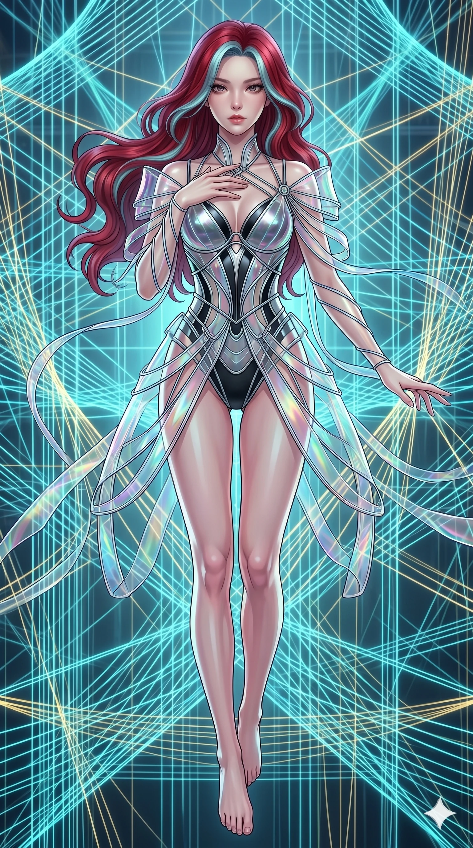 score_9, masterpiece, best quality, ultra-detailed, high-budget anime keyframe, Korean woman. upper body close-up from the thighs up, character filling the screen for maximum presence. floating suspended in an ethereal loom room where millions of luminescent cyan and gold threads intersect and weave geometric patterns. She has an absolutely perfect 8-heads proportion, an exceptionally tall and slender female figure with impossibly long slender legs and an ultra-slim waist. V-shaped jawline, high-bridge nose, intricate jewel-like eyes with depth, thick eyelashes, glossy lips with a natural sheen.. wearing a holographic ribbon shell armor, featuring thin iridescent plates linked by wire straps over a sleek structured base layer. lit by a soft glowing ambient light and a sharp side key light that traces the sleek contours of her athletic build. 2k, ultra detail, master piece, 9:16 ratio