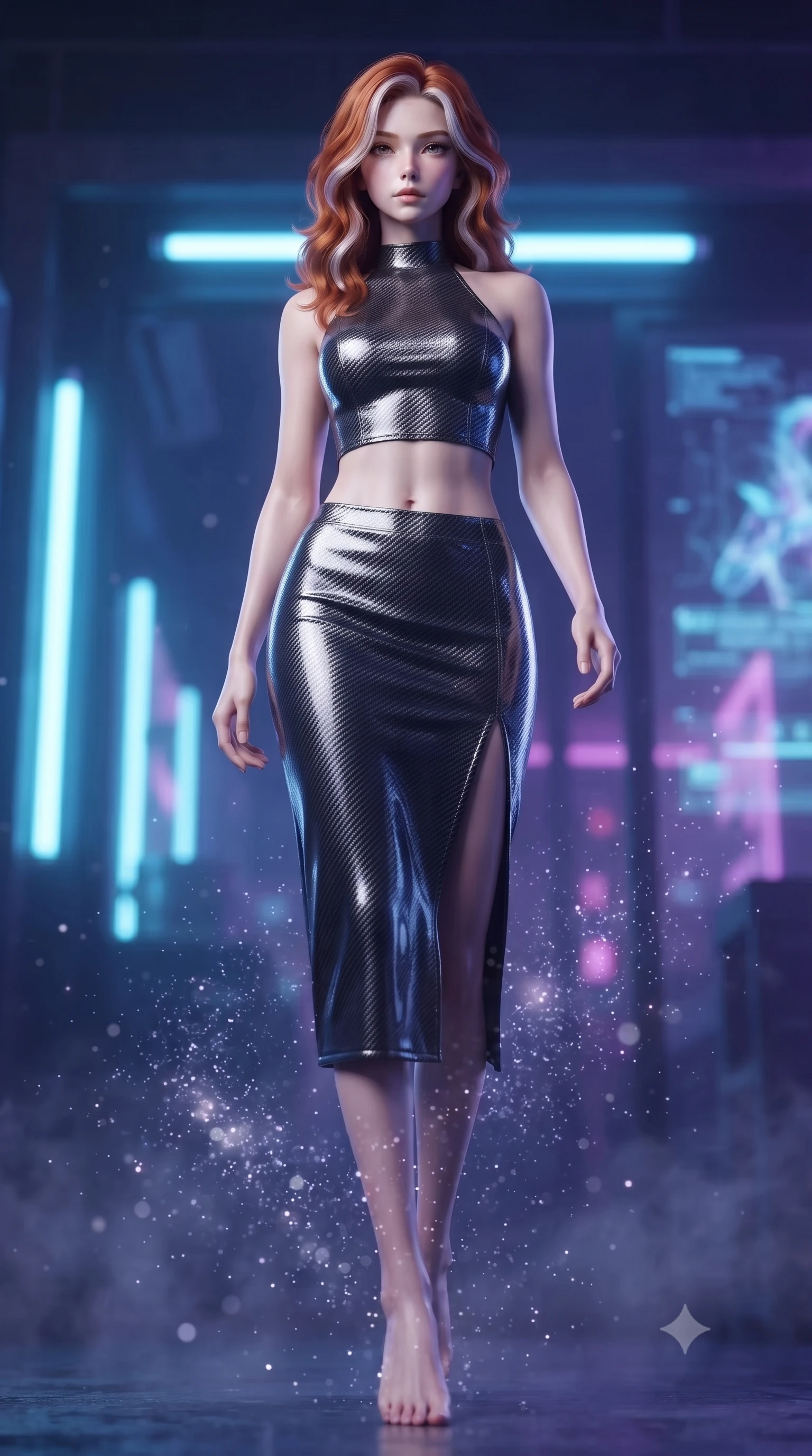 score_9, masterpiece, best quality, ultra-detailed, high-budget anime keyframe, editorial fashion photography, tasteful artistic composition, Caucasian woman. low angle full-body shot from head to toe showing her feet, filling the entire 9:16 vertical frame with her statuesque presence, stretching her vertical silhouette. stepping gracefully through floating stardust particles, her body-contouring suit showing her athletic, slender silhouette, the background shows a soft-focus a cybernetic game pub entrance with flickering blue fluorescent tubes. She has an absolutely perfect, statuesque 8.5-heads proportion, an exceptionally tall and slender model-like female figure with impossibly long slender legs and an ultra-slim waist. sharp v-shaped jawline, high-bridge nose, intricate jewel-like eyes with depth, thick eyelashes, glossy lips with a natural sheen. wearing a slim-fit carbon-fiber halter-neck crop top paired with a matching high-slit midi skirt, revealing her slim waist. low-contrast blue and violet ambient glow casting mysterious side rim-lights. ultra-reflective glossy finish, specular highlights, metallic sheen, high-contrast stereoscopic depth, volumetric dynamic lighting, 2k, ultra detail, master piece, 9:16 ratio